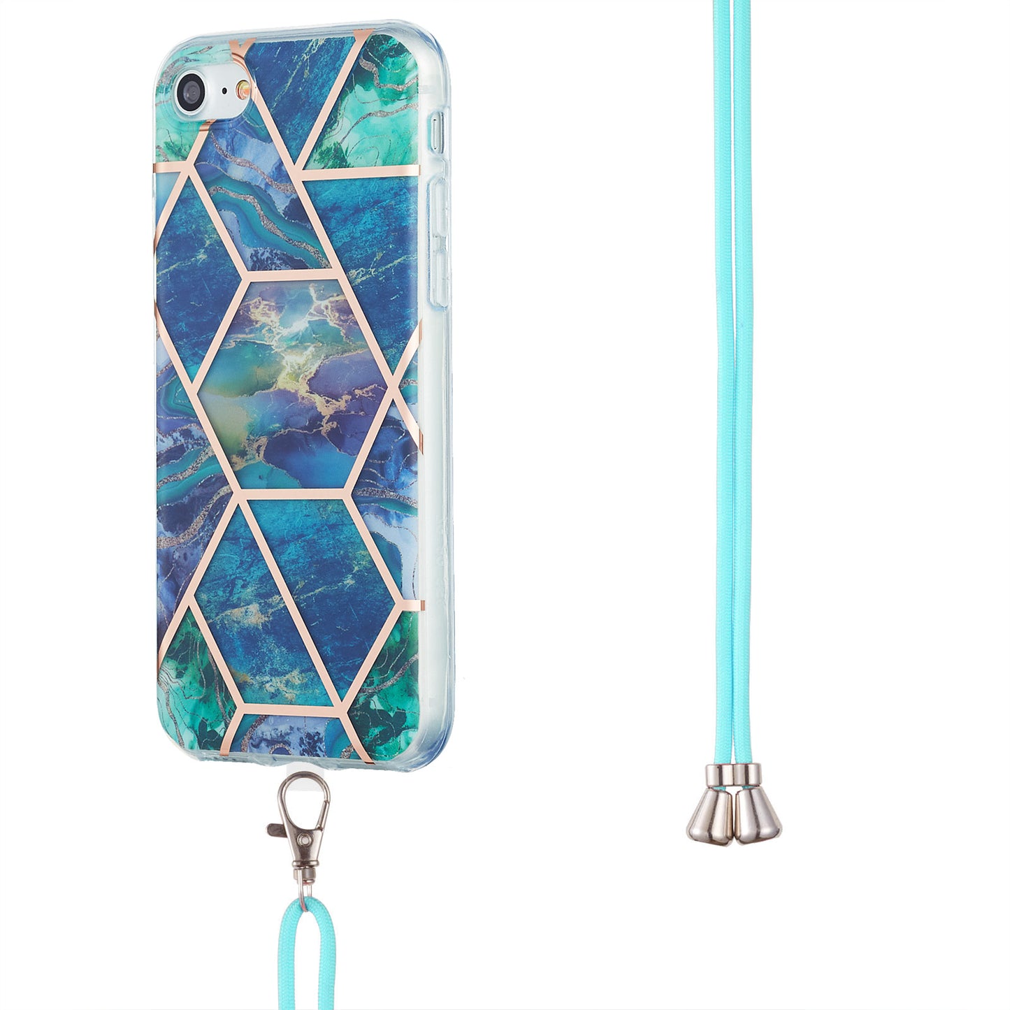2.0mm IMD Electroplating Marble Pattern Splicing TPU Phone Case with Lanyard for iPhone 7 4.7 inch/8 4.7 inch/SE (2020)/SE (2022)