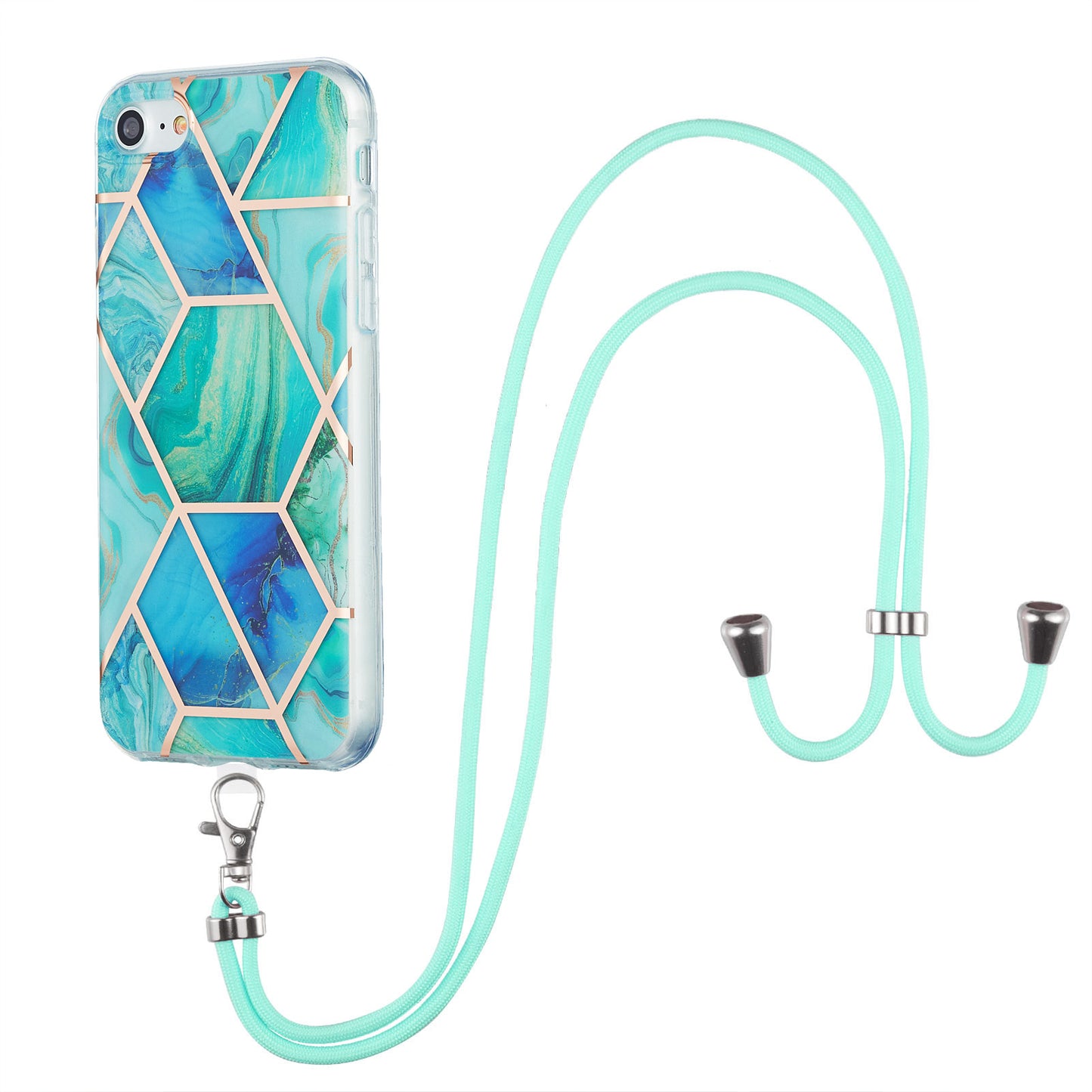 2.0mm IMD Electroplating Marble Pattern Splicing TPU Phone Case with Lanyard for iPhone 7 4.7 inch/8 4.7 inch/SE (2020)/SE (2022)