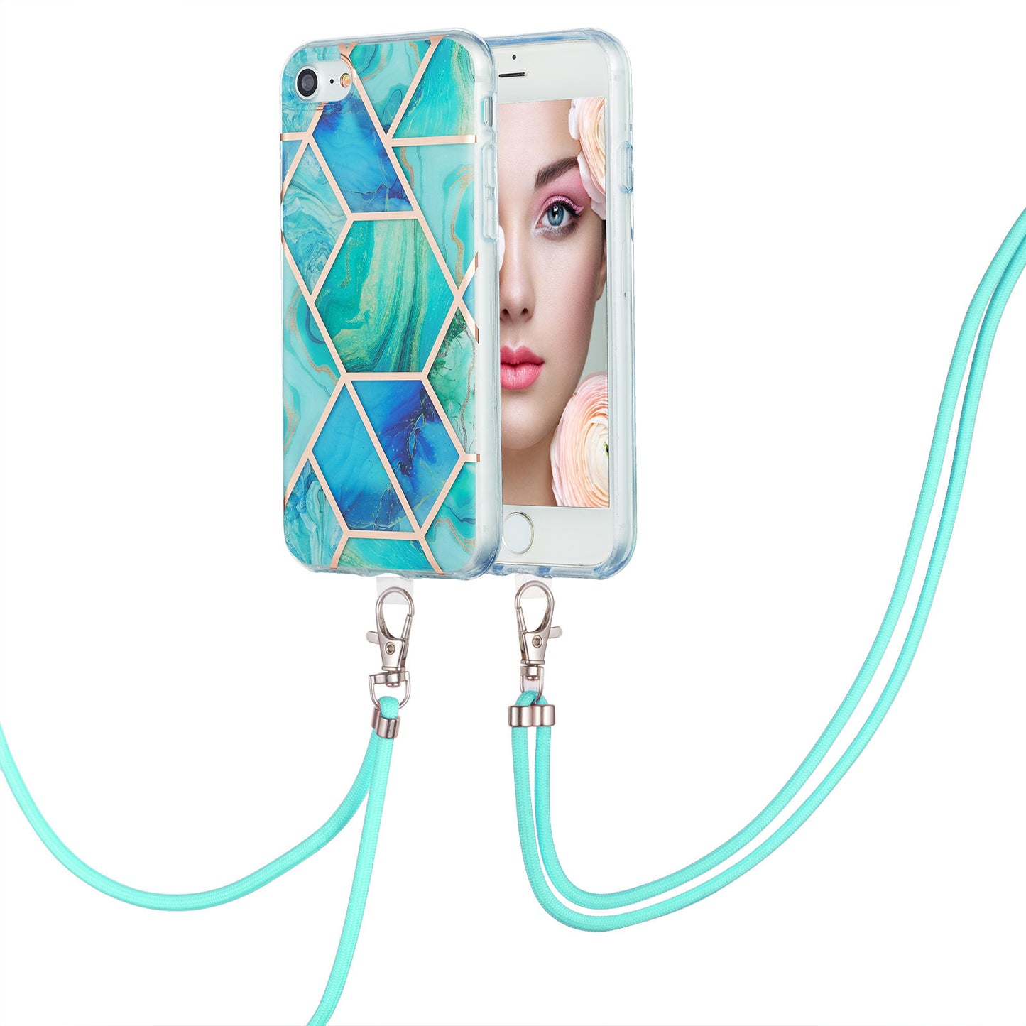 2.0mm IMD Electroplating Marble Pattern Splicing TPU Phone Case with Lanyard for iPhone 7 4.7 inch/8 4.7 inch/SE (2020)/SE (2022)