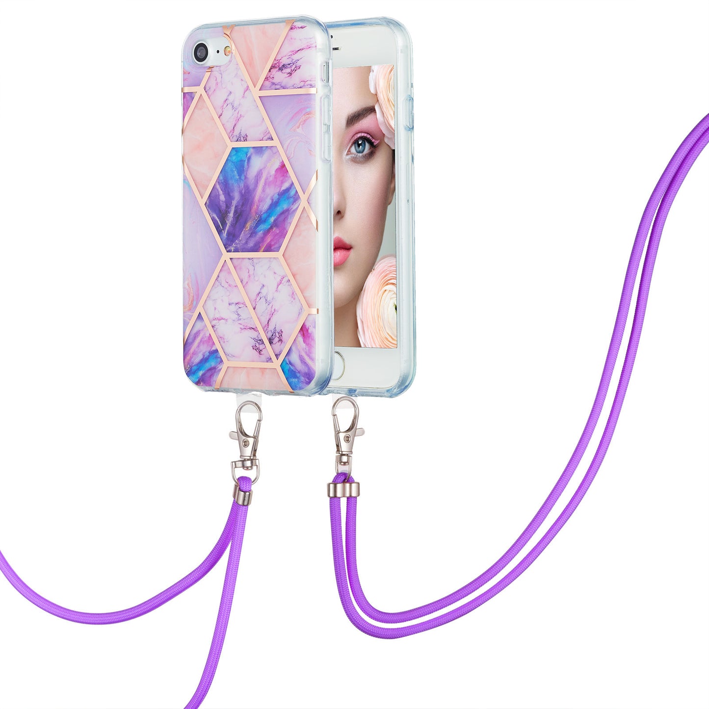 2.0mm IMD Electroplating Marble Pattern Splicing TPU Phone Case with Lanyard for iPhone 7 4.7 inch/8 4.7 inch/SE (2020)/SE (2022)