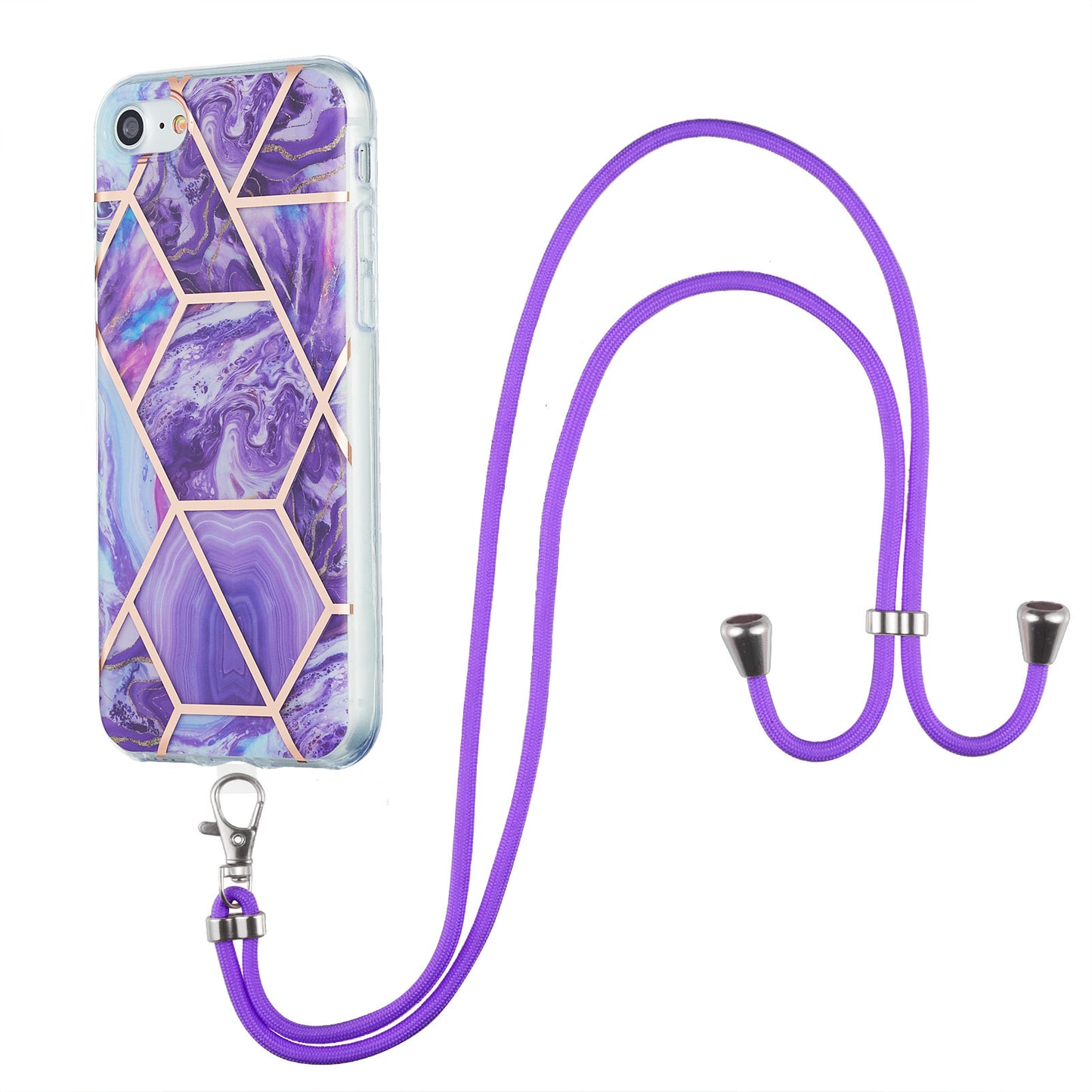 2.0mm IMD Electroplating Marble Pattern Splicing TPU Phone Case with Lanyard for iPhone 7 4.7 inch/8 4.7 inch/SE (2020)/SE (2022)