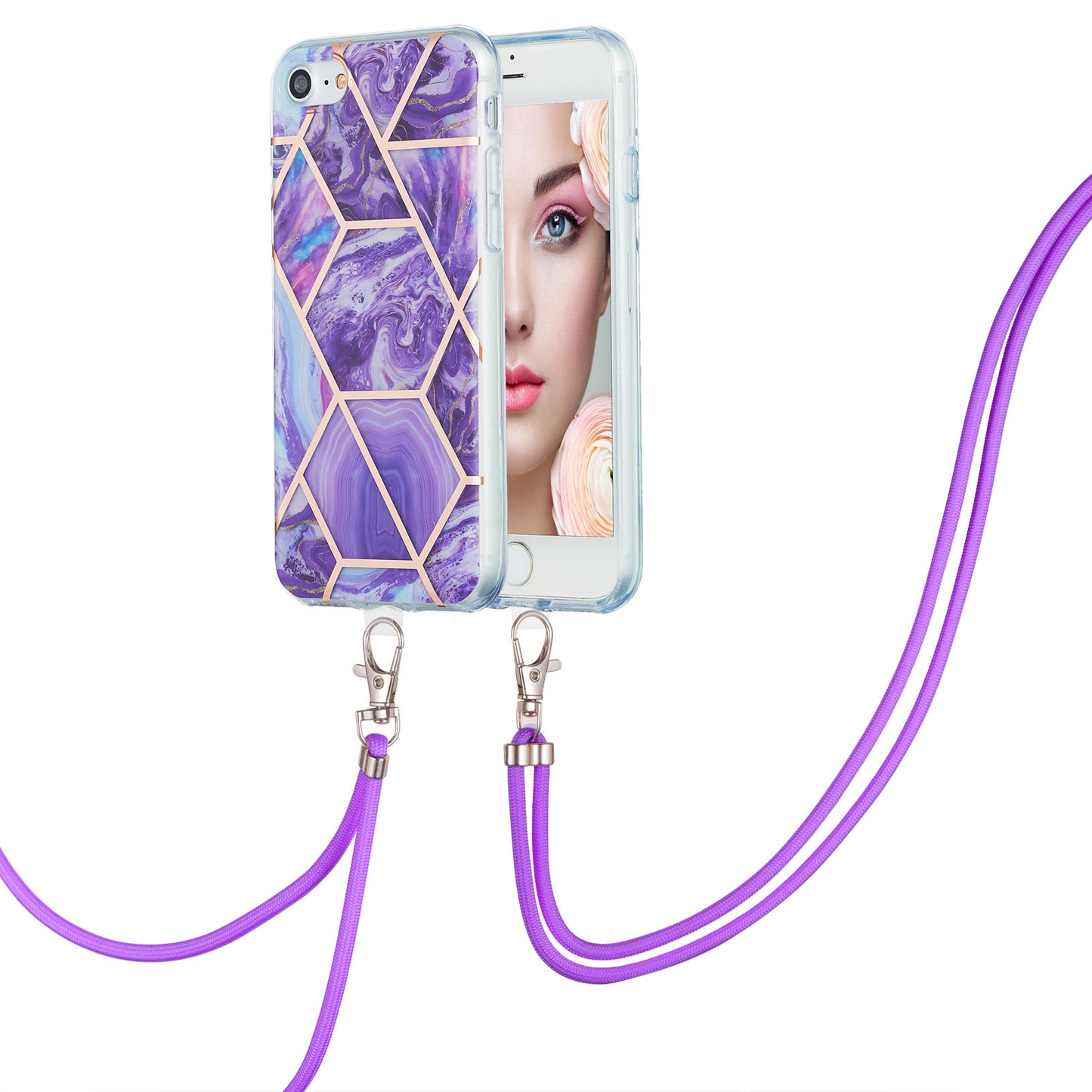 2.0mm IMD Electroplating Marble Pattern Splicing TPU Phone Case with Lanyard for iPhone 7 4.7 inch/8 4.7 inch/SE (2020)/SE (2022)