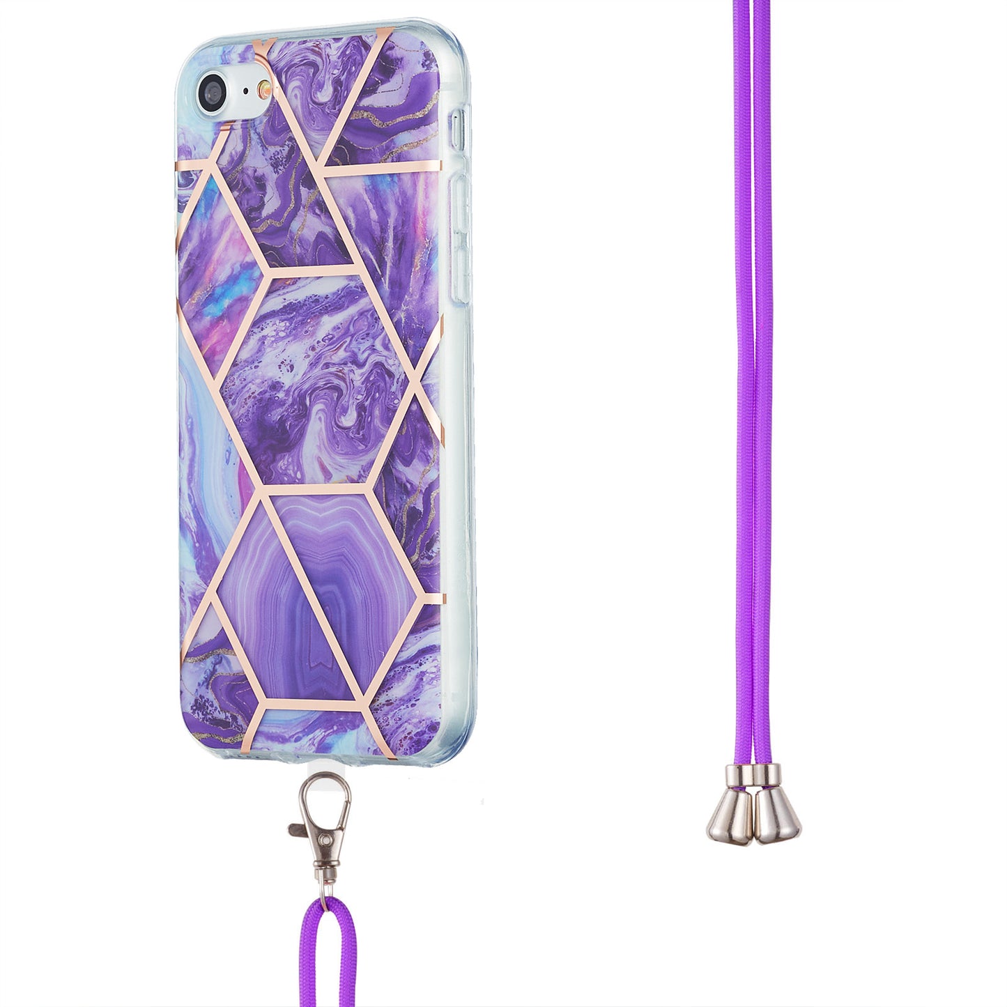 2.0mm IMD Electroplating Marble Pattern Splicing TPU Phone Case with Lanyard for iPhone 7 4.7 inch/8 4.7 inch/SE (2020)/SE (2022)