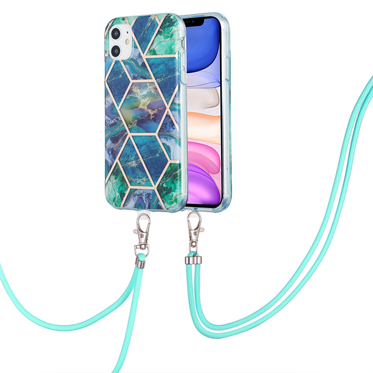 2.0mm Double-sided IMD Electroplating Marble Pattern Splicing TPU Case with Lanyard for iPhone 11 6.1 inch