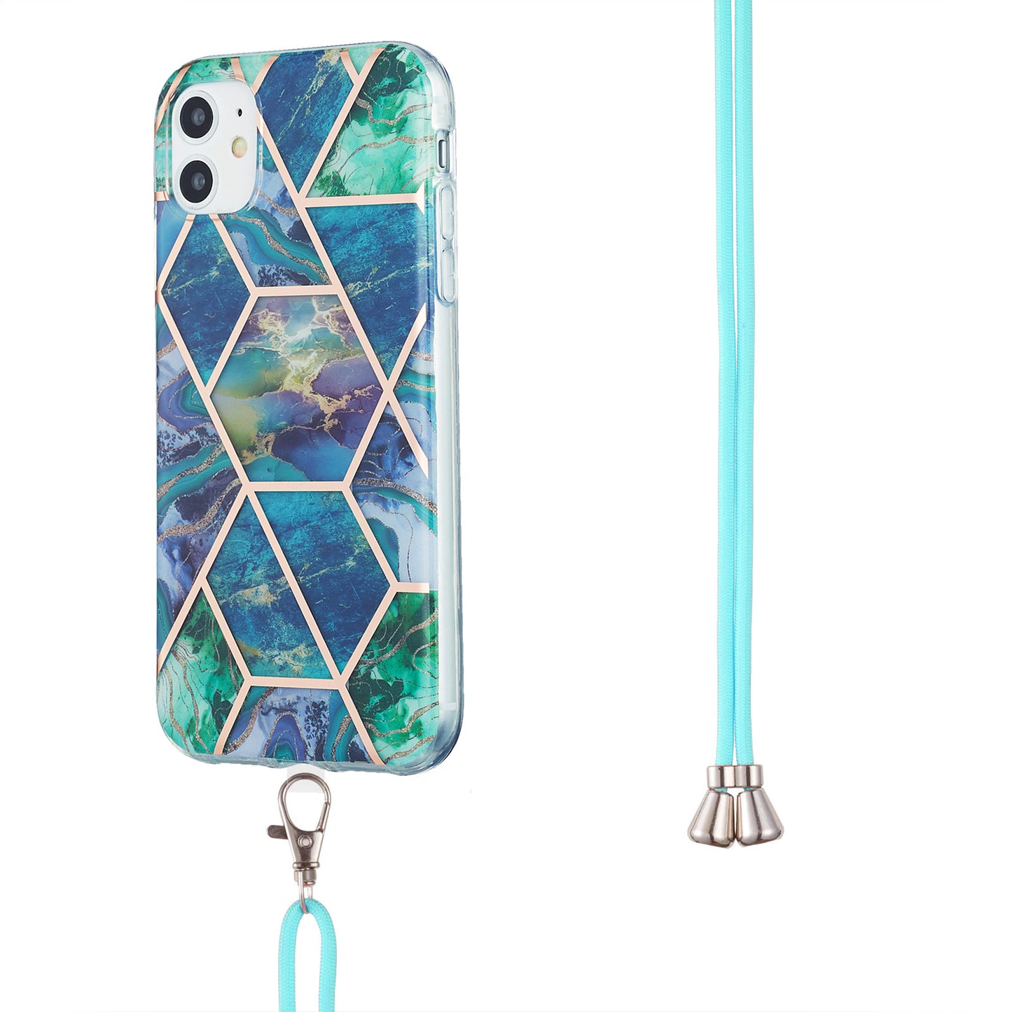 2.0mm Double-sided IMD Electroplating Marble Pattern Splicing TPU Case with Lanyard for iPhone 11 6.1 inch