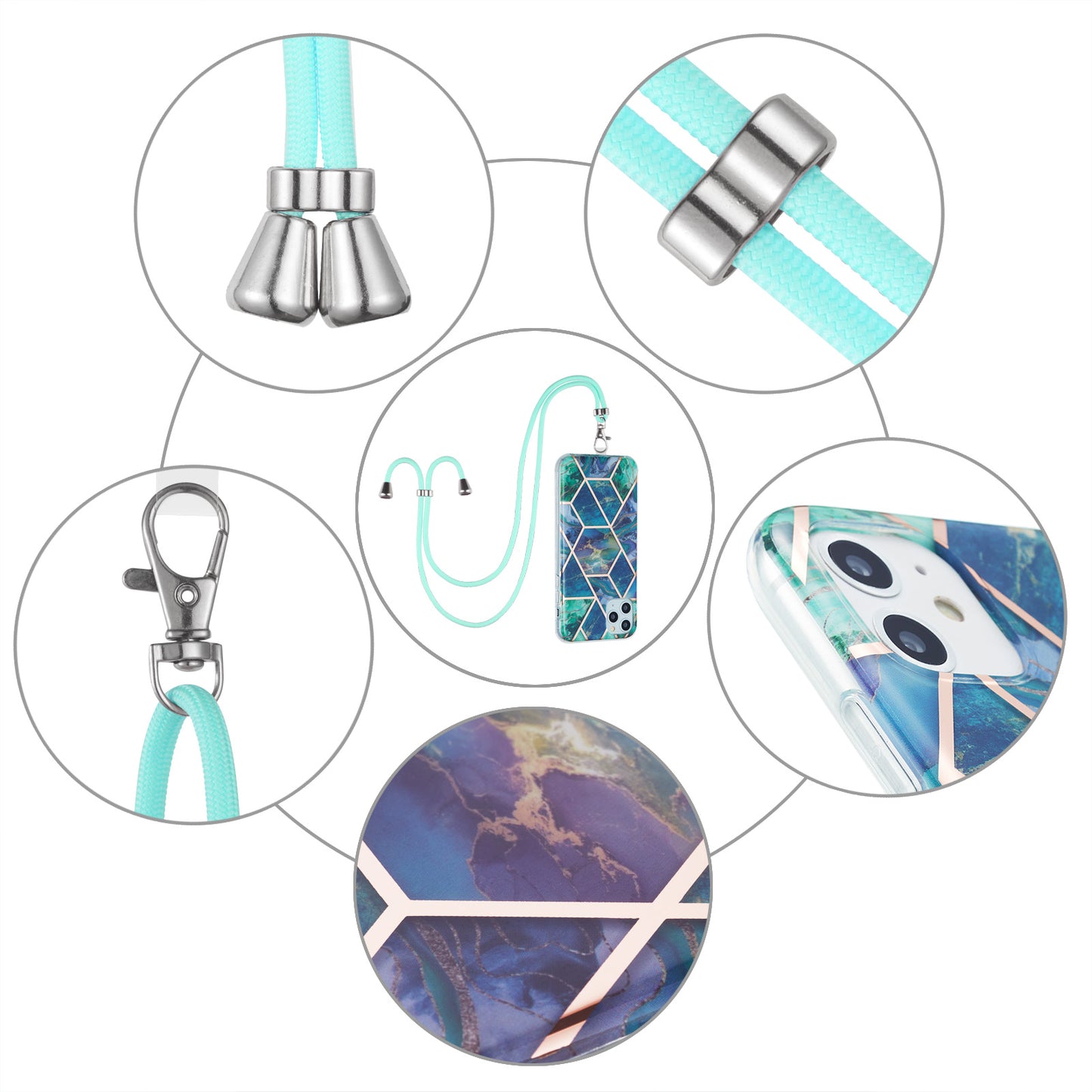 2.0mm Double-sided IMD Electroplating Marble Pattern Splicing TPU Case with Lanyard for iPhone 11 6.1 inch