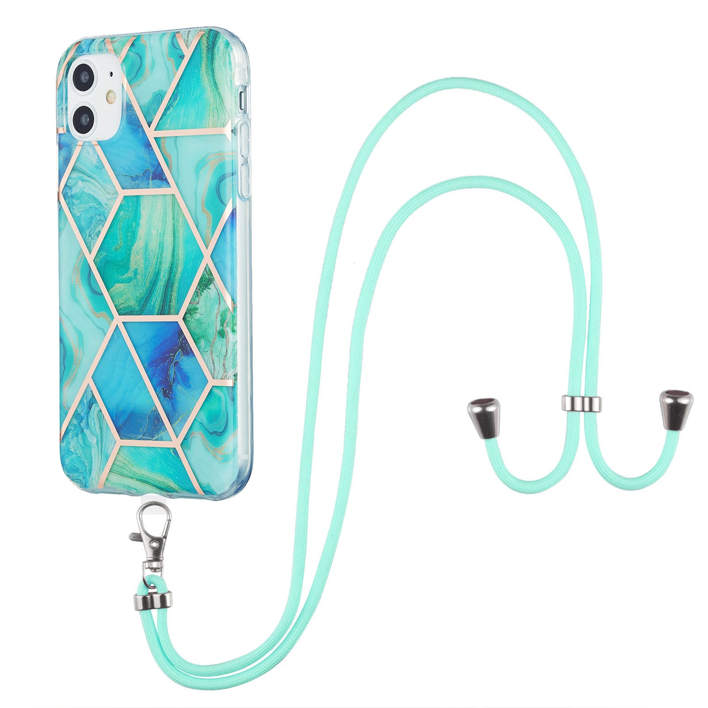 2.0mm Double-sided IMD Electroplating Marble Pattern Splicing TPU Case with Lanyard for iPhone 11 6.1 inch