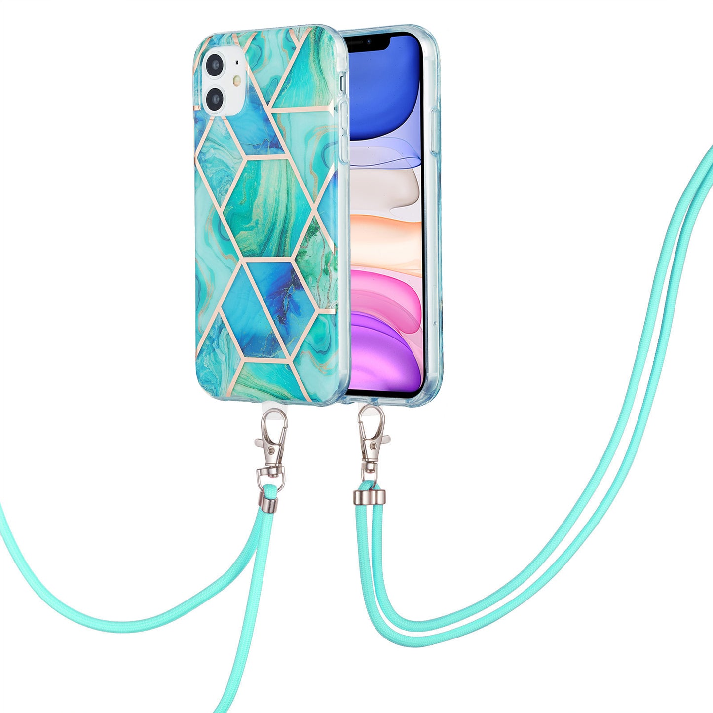 2.0mm Double-sided IMD Electroplating Marble Pattern Splicing TPU Case with Lanyard for iPhone 11 6.1 inch
