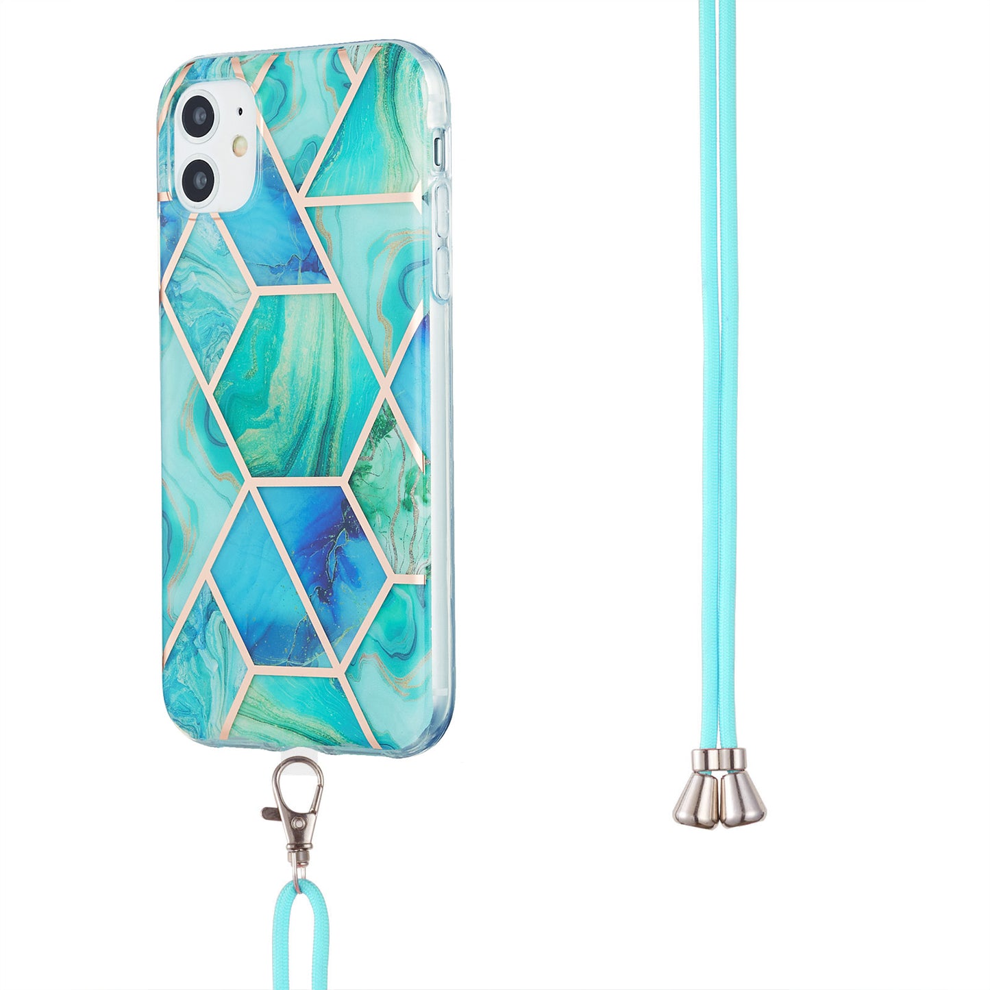 2.0mm Double-sided IMD Electroplating Marble Pattern Splicing TPU Case with Lanyard for iPhone 11 6.1 inch