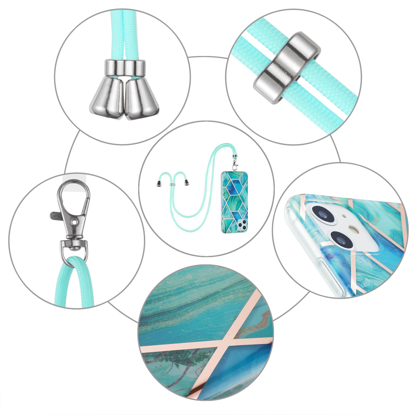 2.0mm Double-sided IMD Electroplating Marble Pattern Splicing TPU Case with Lanyard for iPhone 11 6.1 inch