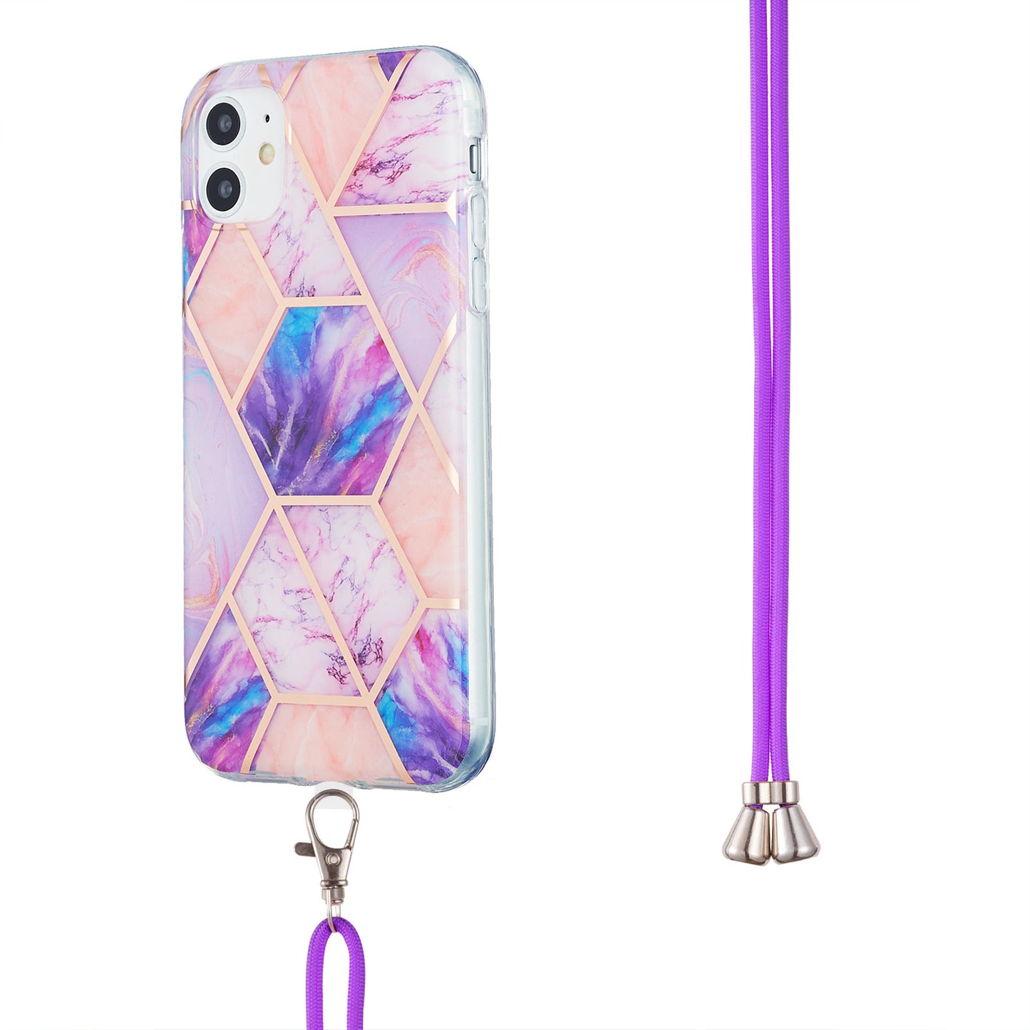 2.0mm Double-sided IMD Electroplating Marble Pattern Splicing TPU Case with Lanyard for iPhone 11 6.1 inch