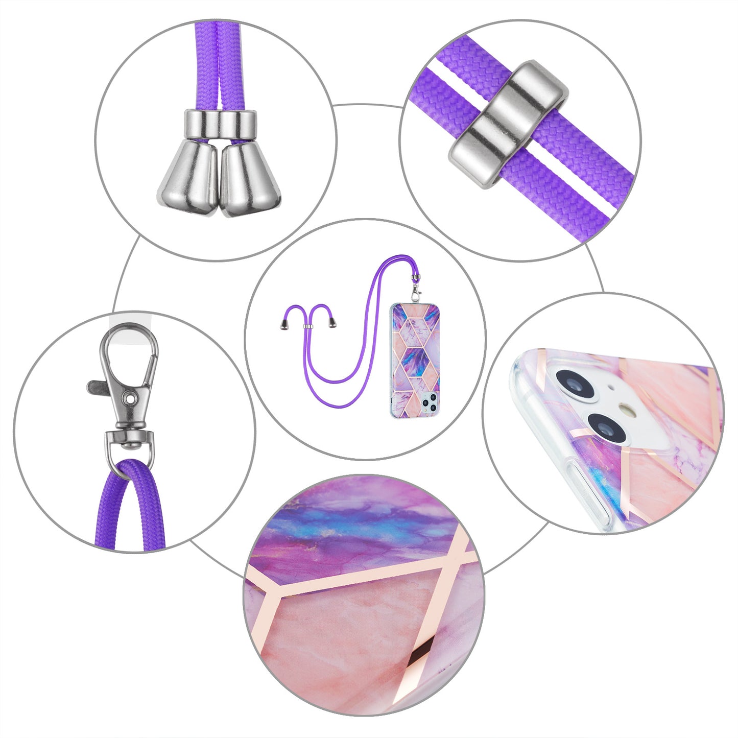 2.0mm Double-sided IMD Electroplating Marble Pattern Splicing TPU Case with Lanyard for iPhone 11 6.1 inch