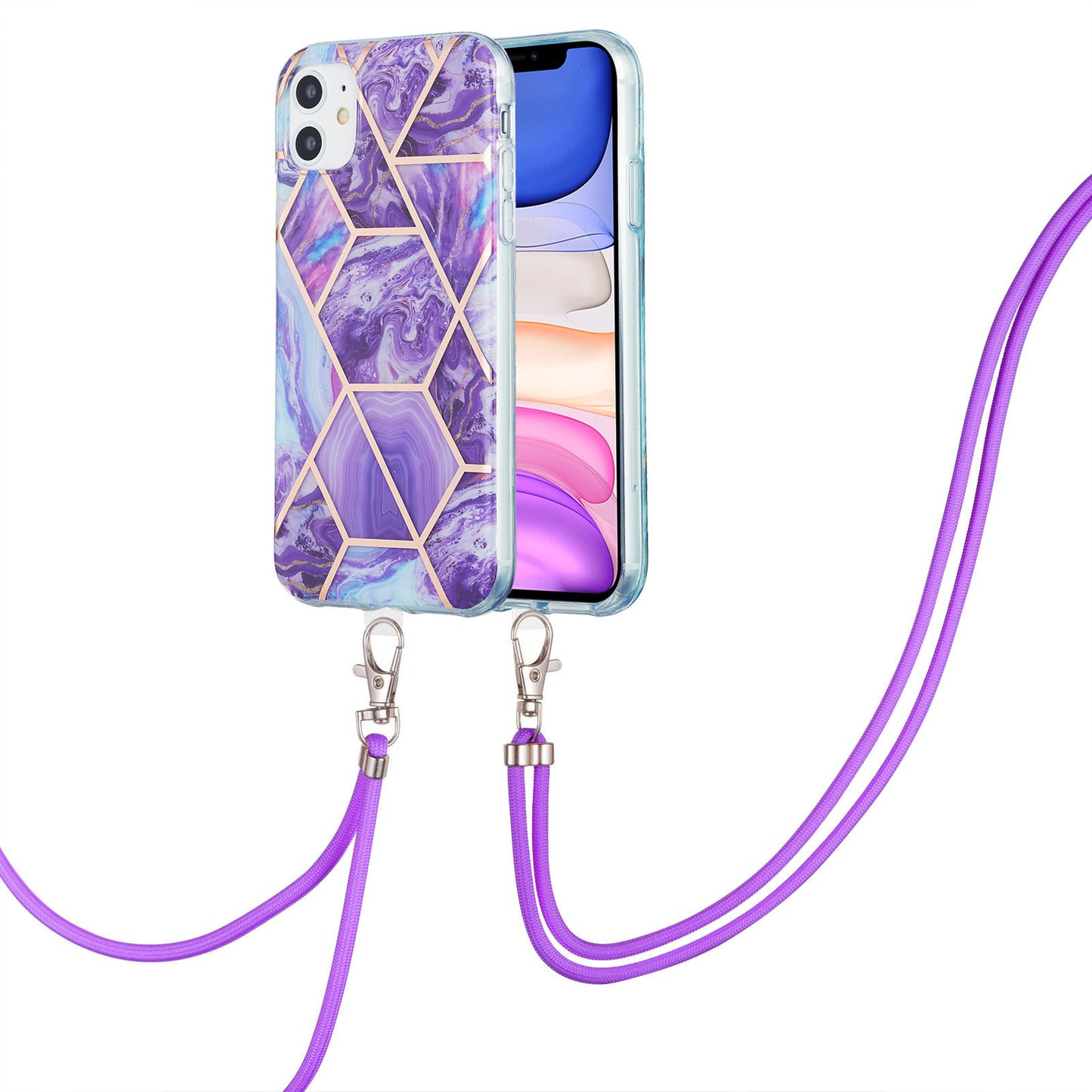 2.0mm Double-sided IMD Electroplating Marble Pattern Splicing TPU Case with Lanyard for iPhone 11 6.1 inch