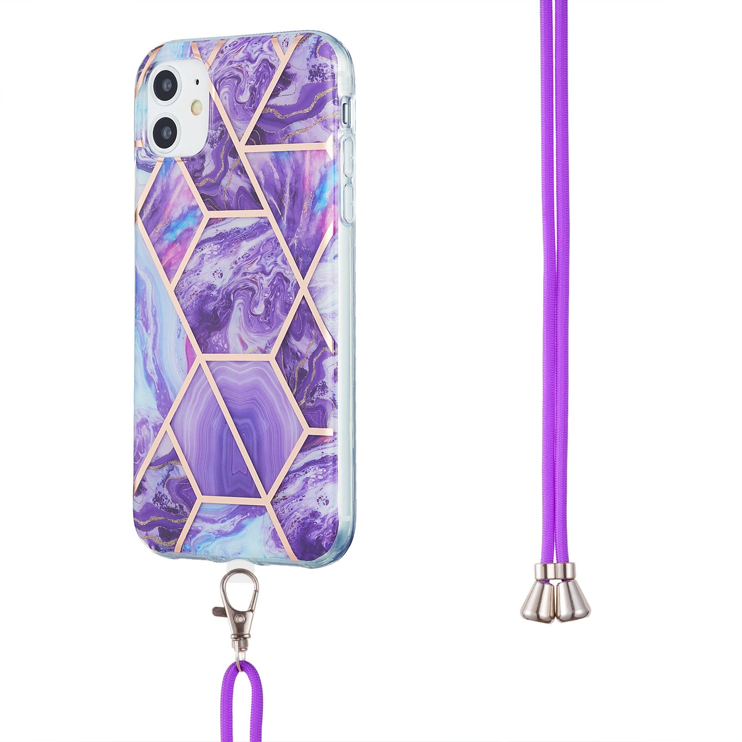 2.0mm Double-sided IMD Electroplating Marble Pattern Splicing TPU Case with Lanyard for iPhone 11 6.1 inch