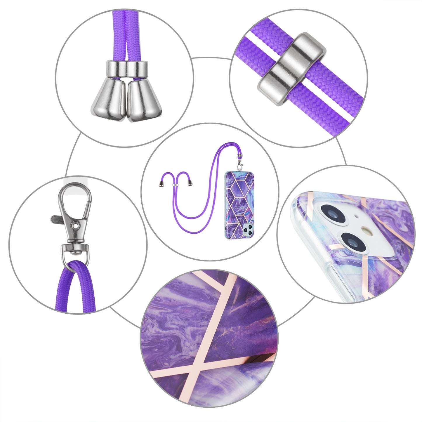 2.0mm Double-sided IMD Electroplating Marble Pattern Splicing TPU Case with Lanyard for iPhone 11 6.1 inch