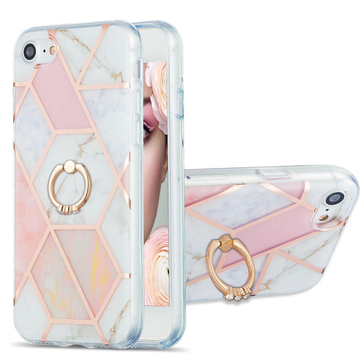 2.0mm IMD IML Electroplating Marble Pattern Protective Shell Case with Finger Ring Kickstand for iPhone 7 4.7 inch/8 4.7 inch/SE (2020)/SE (2022)