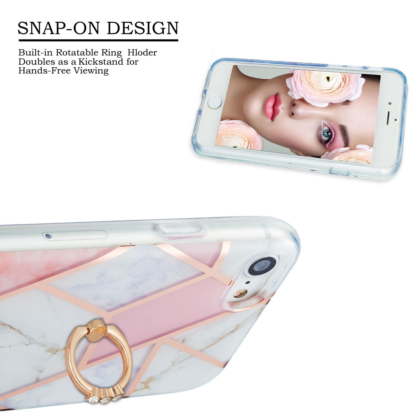 2.0mm IMD IML Electroplating Marble Pattern Protective Shell Case with Finger Ring Kickstand for iPhone 7 4.7 inch/8 4.7 inch/SE (2020)/SE (2022)