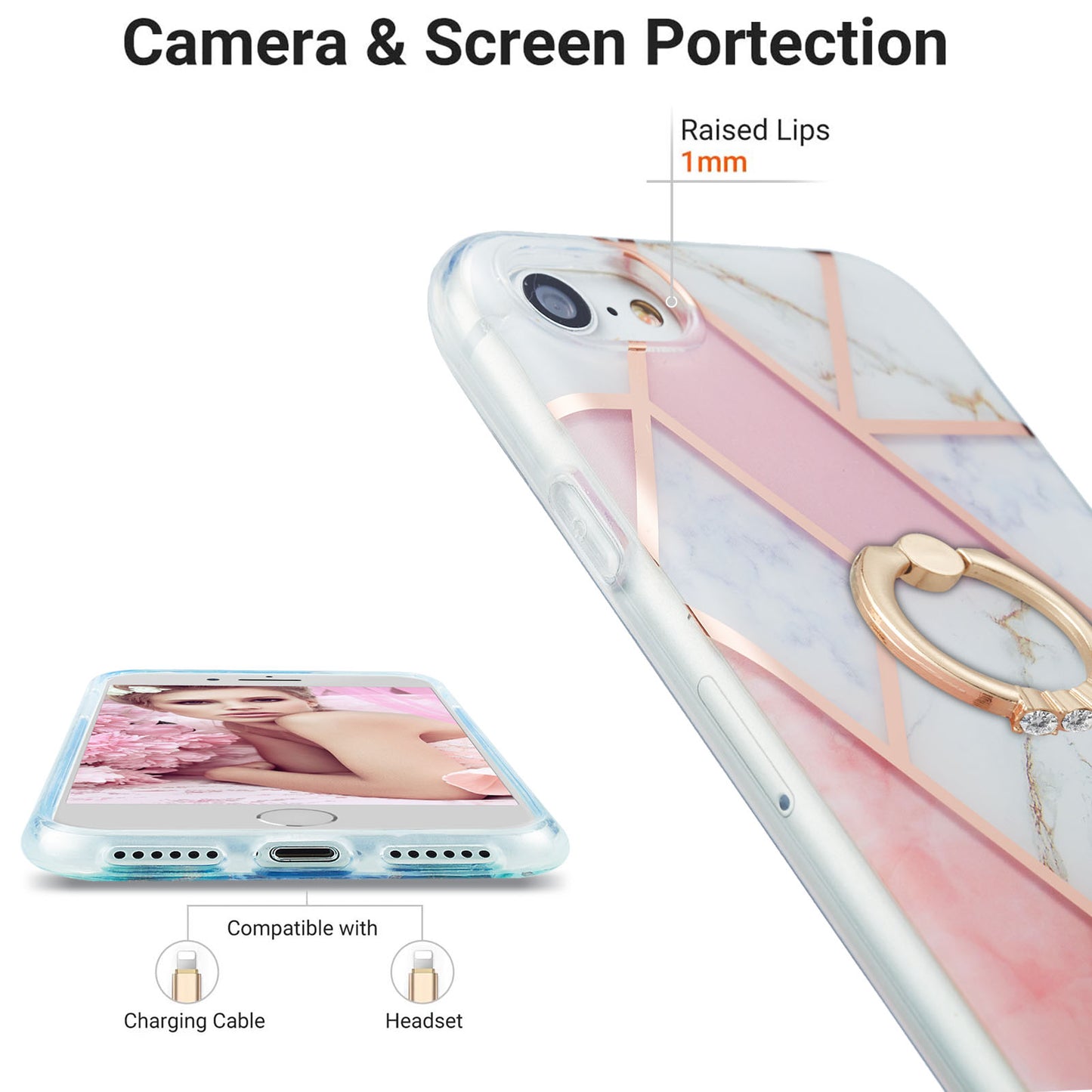 2.0mm IMD IML Electroplating Marble Pattern Protective Shell Case with Finger Ring Kickstand for iPhone 7 4.7 inch/8 4.7 inch/SE (2020)/SE (2022)