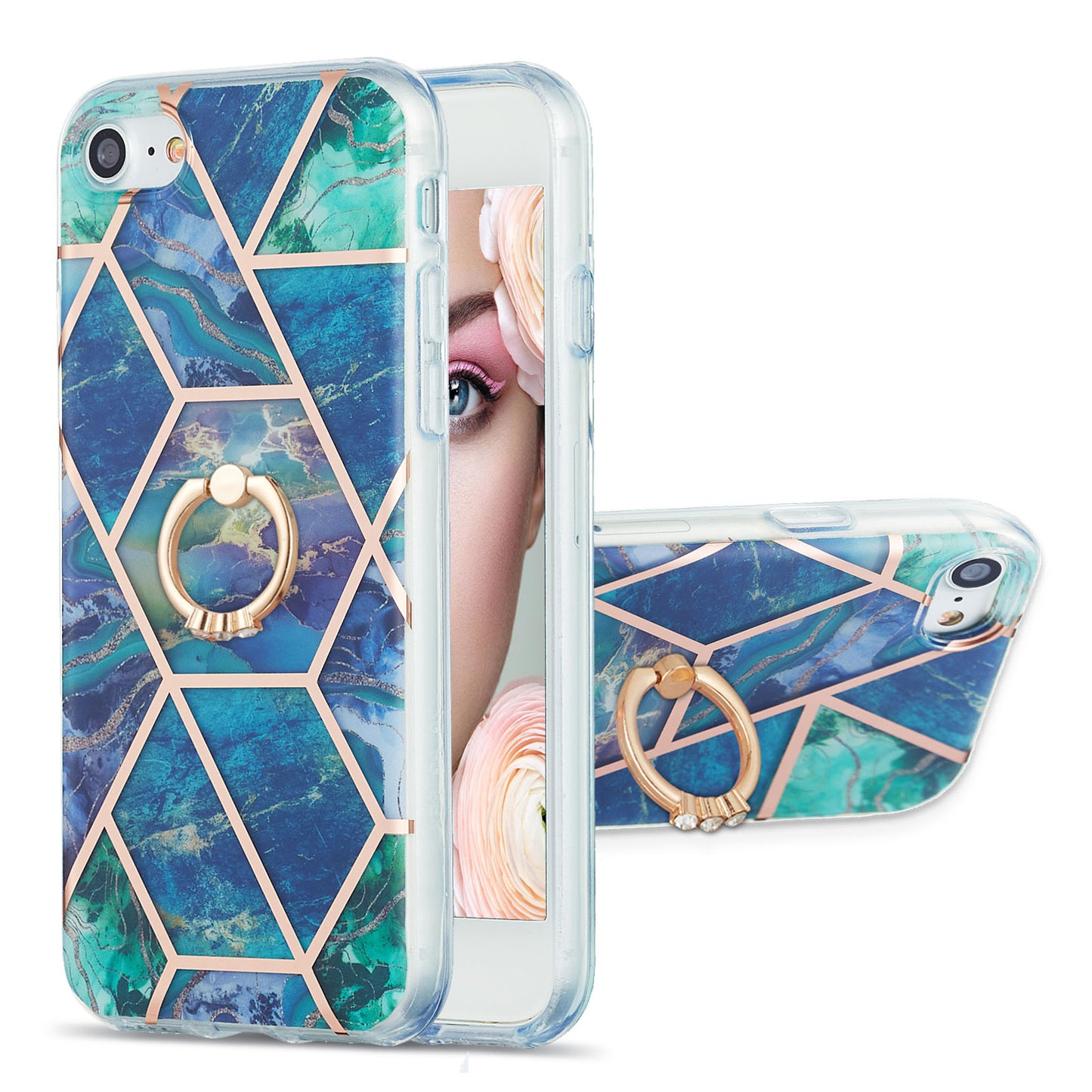 2.0mm IMD IML Electroplating Marble Pattern Protective Shell Case with Finger Ring Kickstand for iPhone 7 4.7 inch/8 4.7 inch/SE (2020)/SE (2022)