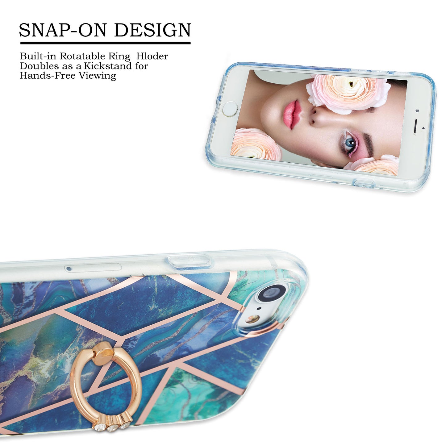 2.0mm IMD IML Electroplating Marble Pattern Protective Shell Case with Finger Ring Kickstand for iPhone 7 4.7 inch/8 4.7 inch/SE (2020)/SE (2022)