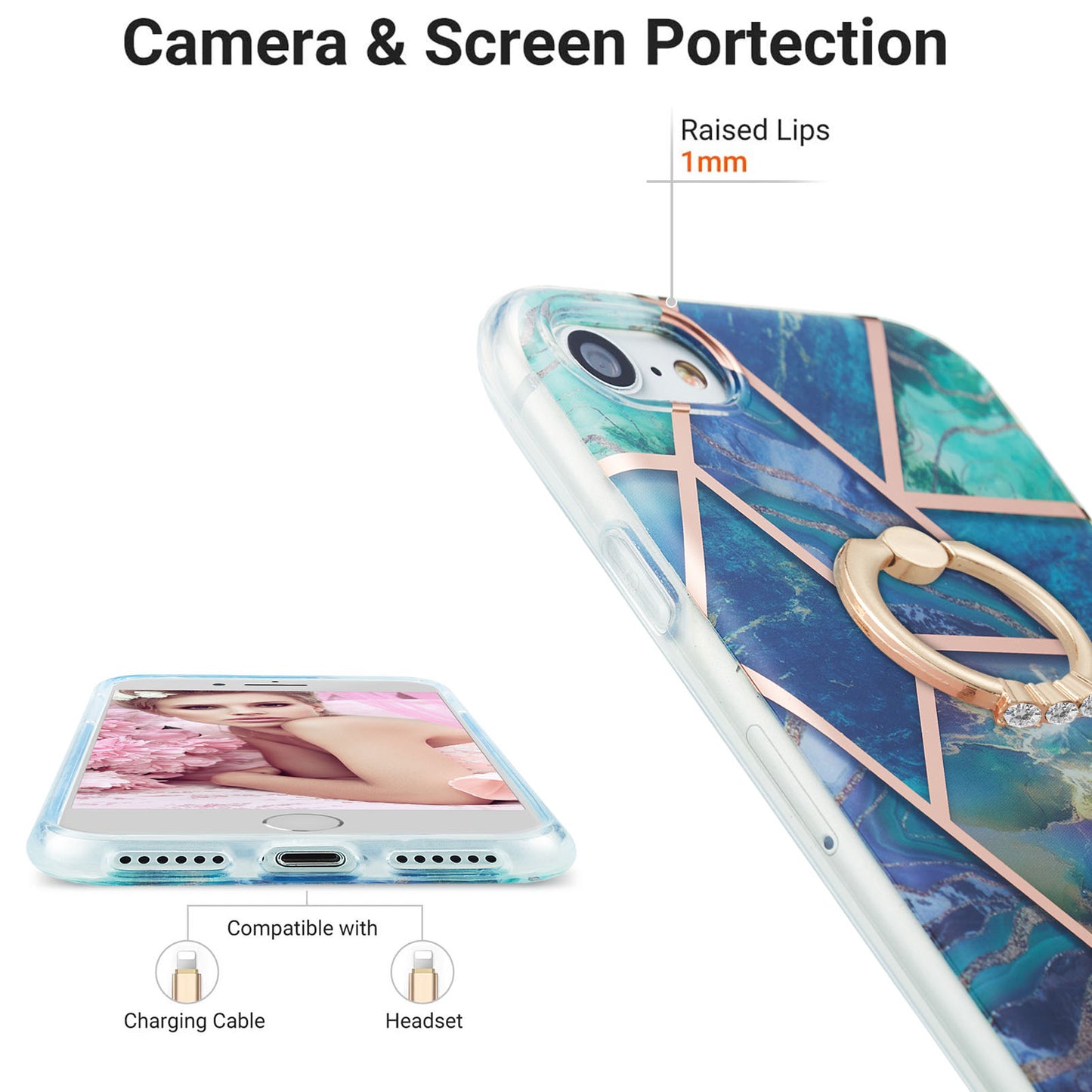 2.0mm IMD IML Electroplating Marble Pattern Protective Shell Case with Finger Ring Kickstand for iPhone 7 4.7 inch/8 4.7 inch/SE (2020)/SE (2022)