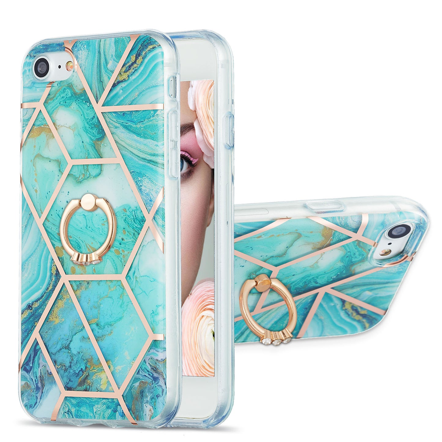 2.0mm IMD IML Electroplating Marble Pattern Protective Shell Case with Finger Ring Kickstand for iPhone 7 4.7 inch/8 4.7 inch/SE (2020)/SE (2022)