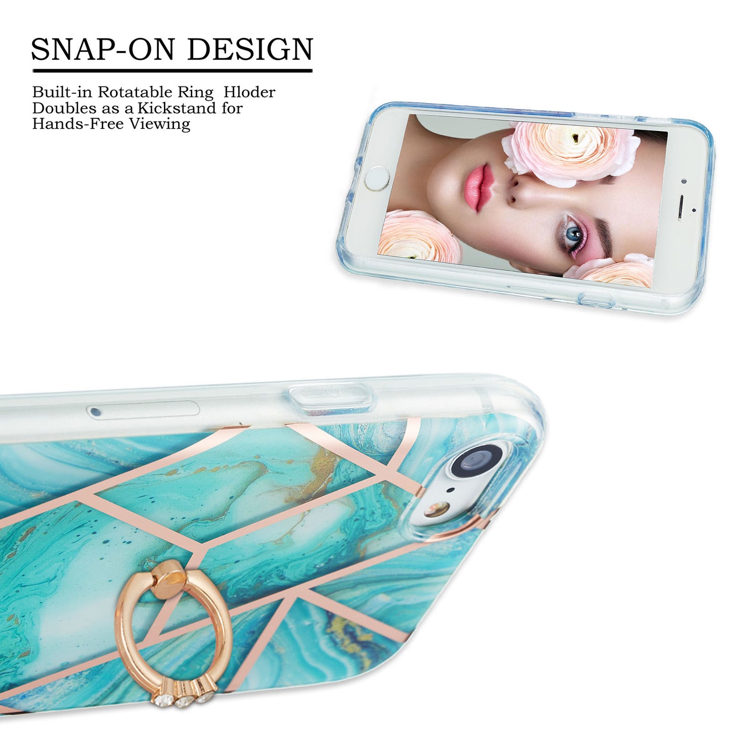 2.0mm IMD IML Electroplating Marble Pattern Protective Shell Case with Finger Ring Kickstand for iPhone 7 4.7 inch/8 4.7 inch/SE (2020)/SE (2022)