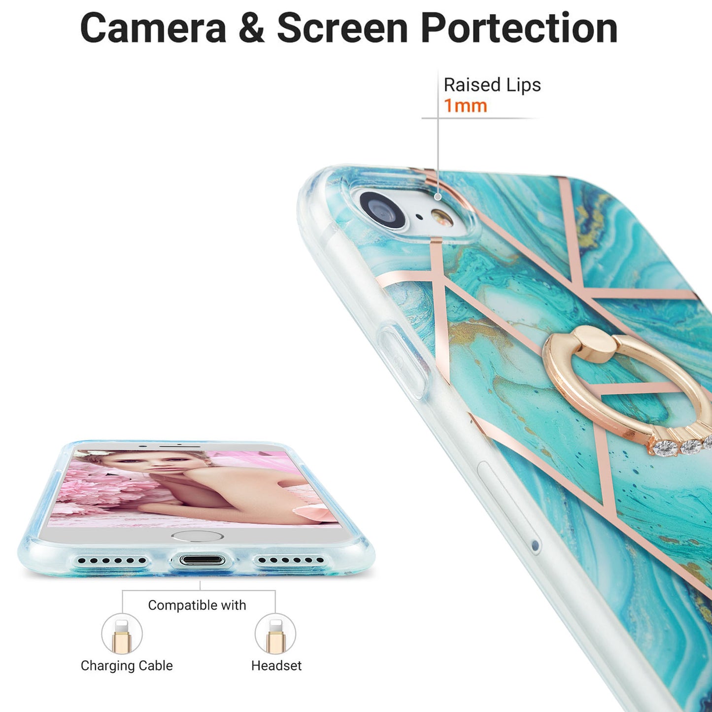 2.0mm IMD IML Electroplating Marble Pattern Protective Shell Case with Finger Ring Kickstand for iPhone 7 4.7 inch/8 4.7 inch/SE (2020)/SE (2022)