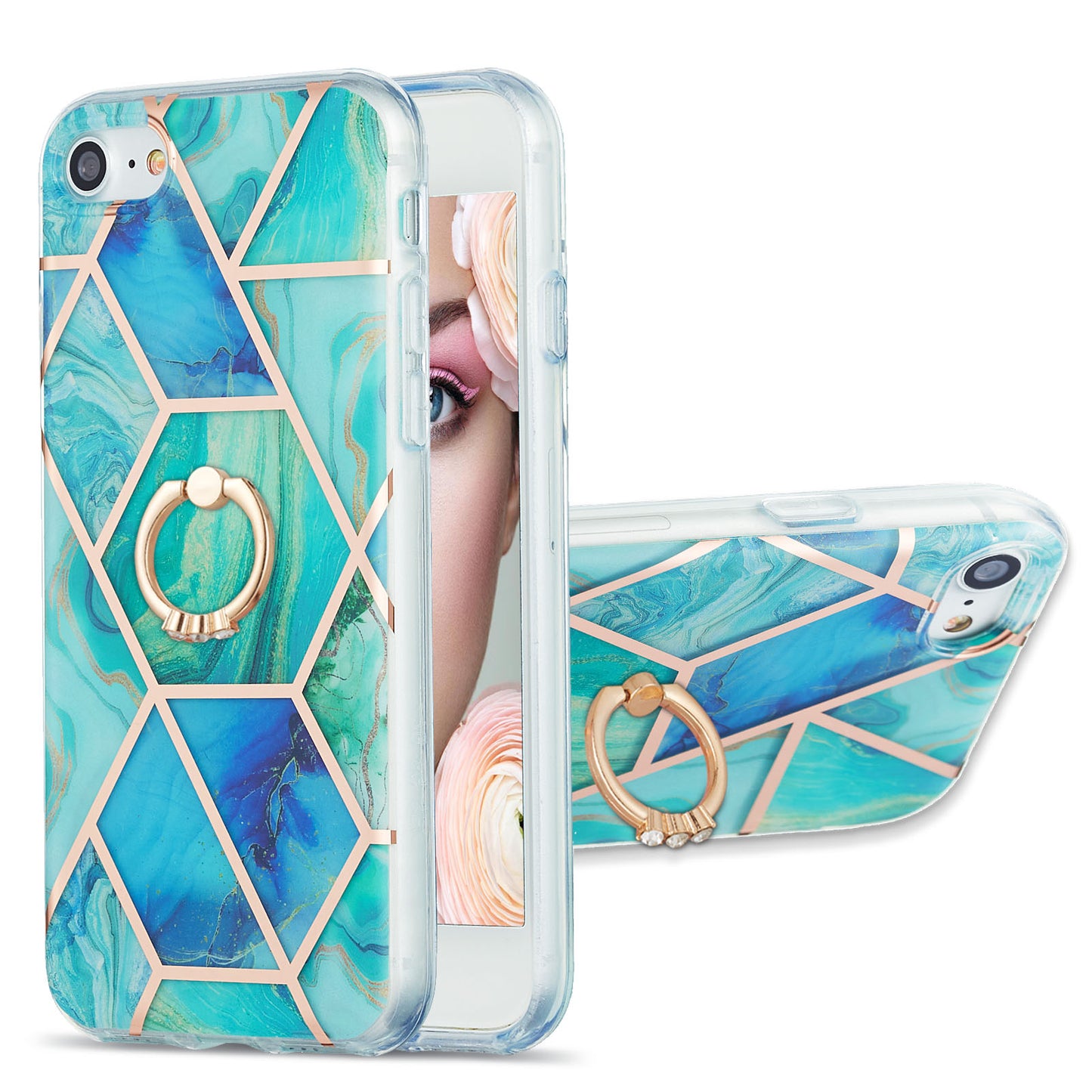 2.0mm IMD IML Electroplating Marble Pattern Protective Shell Case with Finger Ring Kickstand for iPhone 7 4.7 inch/8 4.7 inch/SE (2020)/SE (2022)