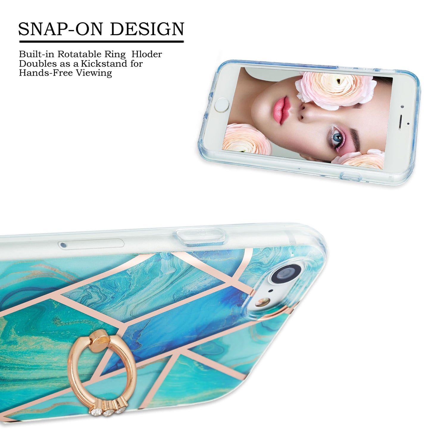 2.0mm IMD IML Electroplating Marble Pattern Protective Shell Case with Finger Ring Kickstand for iPhone 7 4.7 inch/8 4.7 inch/SE (2020)/SE (2022)