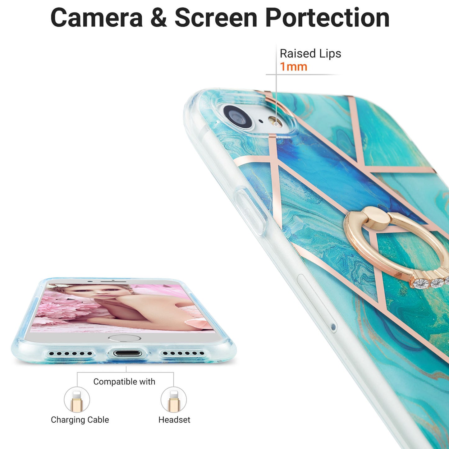 2.0mm IMD IML Electroplating Marble Pattern Protective Shell Case with Finger Ring Kickstand for iPhone 7 4.7 inch/8 4.7 inch/SE (2020)/SE (2022)