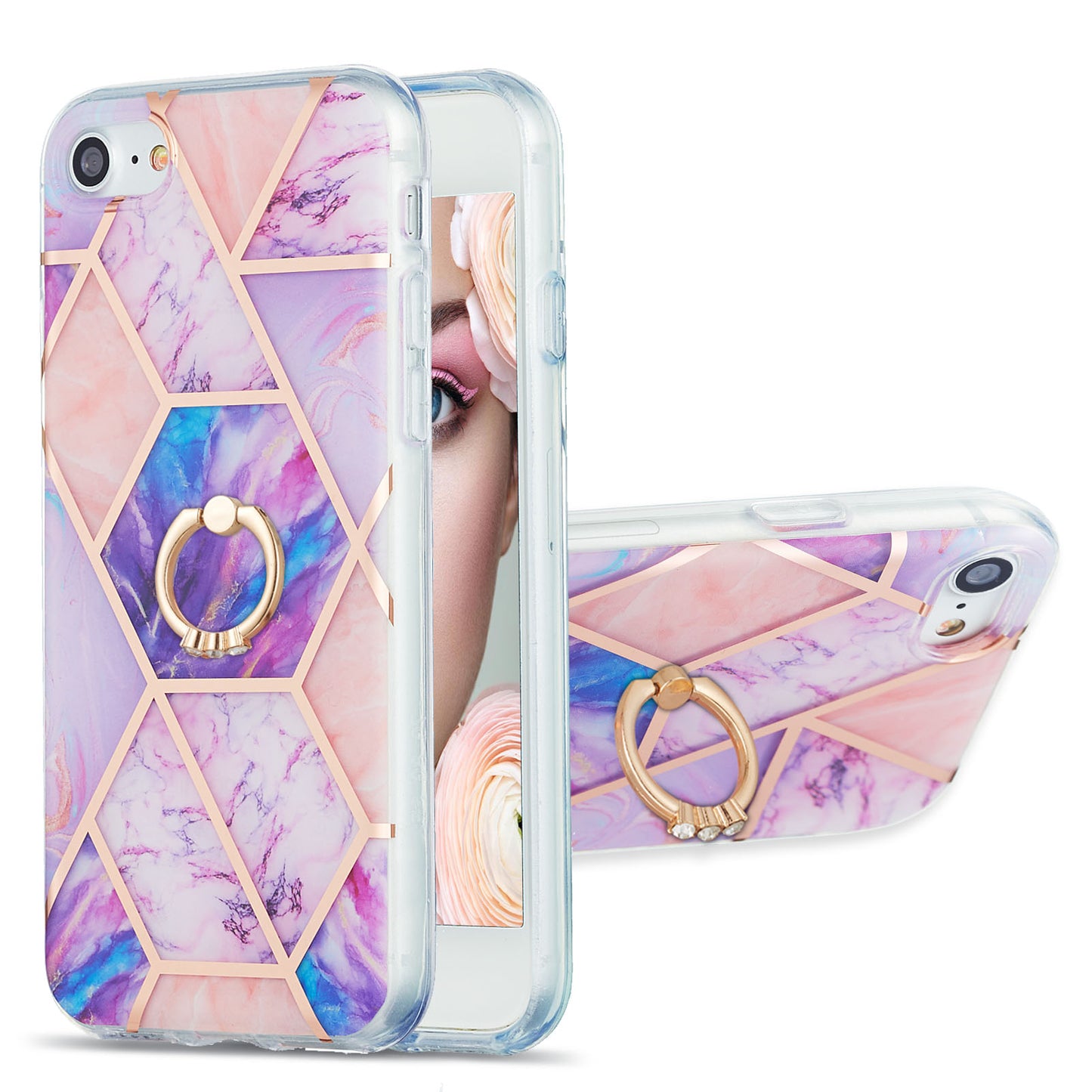 2.0mm IMD IML Electroplating Marble Pattern Protective Shell Case with Finger Ring Kickstand for iPhone 7 4.7 inch/8 4.7 inch/SE (2020)/SE (2022)