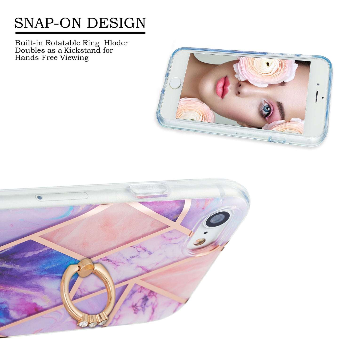 2.0mm IMD IML Electroplating Marble Pattern Protective Shell Case with Finger Ring Kickstand for iPhone 7 4.7 inch/8 4.7 inch/SE (2020)/SE (2022)