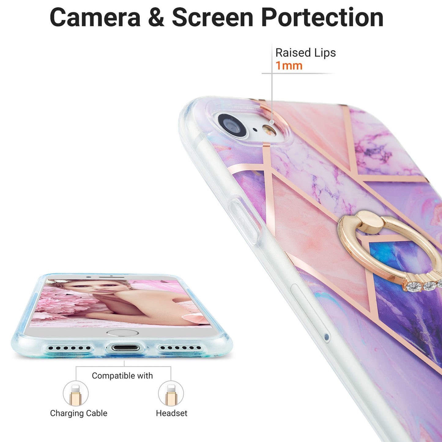 2.0mm IMD IML Electroplating Marble Pattern Protective Shell Case with Finger Ring Kickstand for iPhone 7 4.7 inch/8 4.7 inch/SE (2020)/SE (2022)