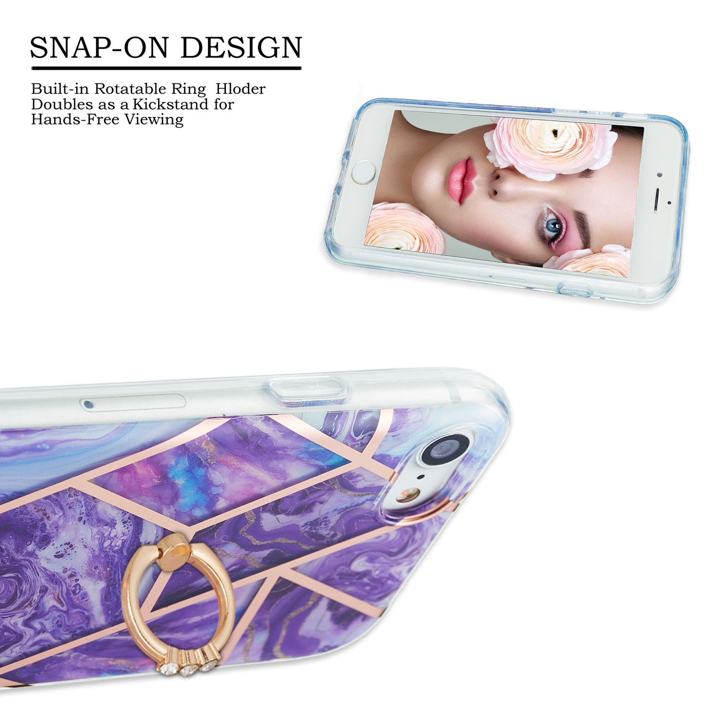 2.0mm IMD IML Electroplating Marble Pattern Protective Shell Case with Finger Ring Kickstand for iPhone 7 4.7 inch/8 4.7 inch/SE (2020)/SE (2022)