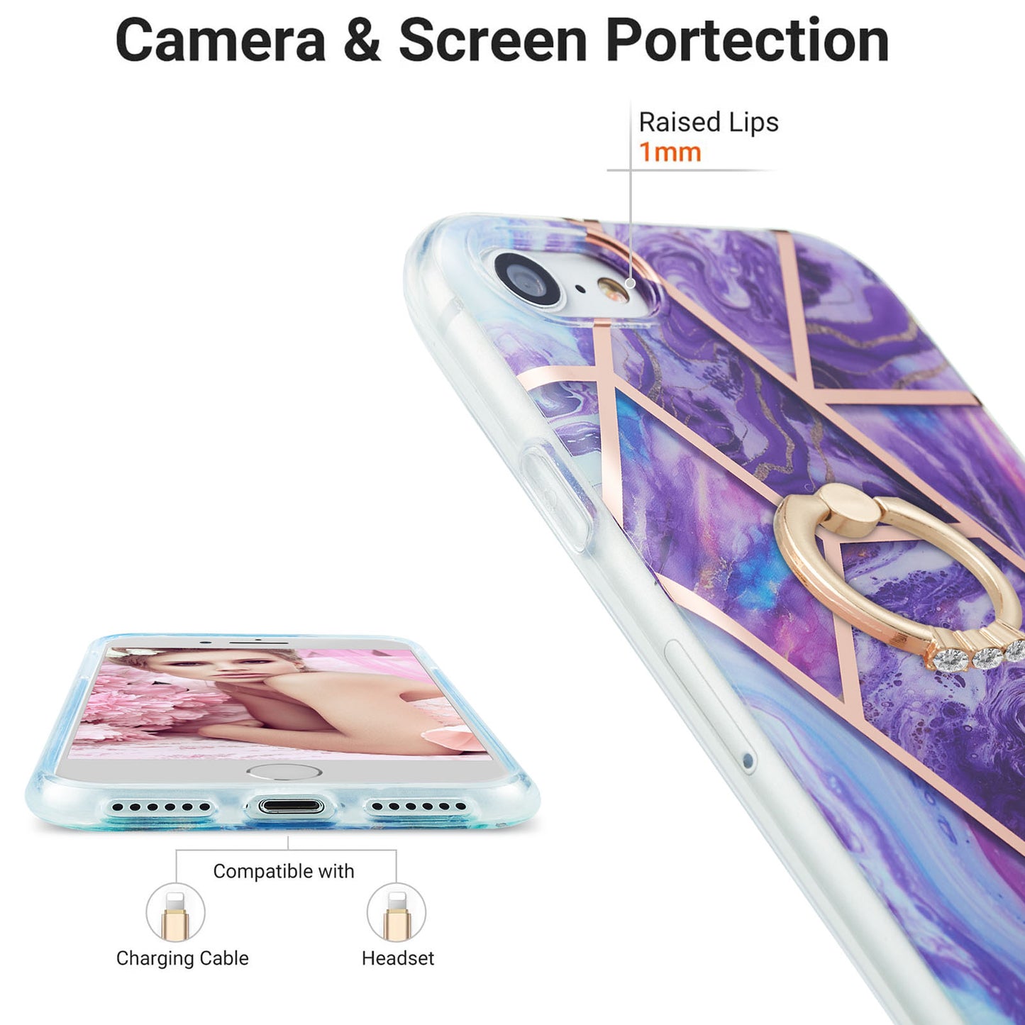 2.0mm IMD IML Electroplating Marble Pattern Protective Shell Case with Finger Ring Kickstand for iPhone 7 4.7 inch/8 4.7 inch/SE (2020)/SE (2022)