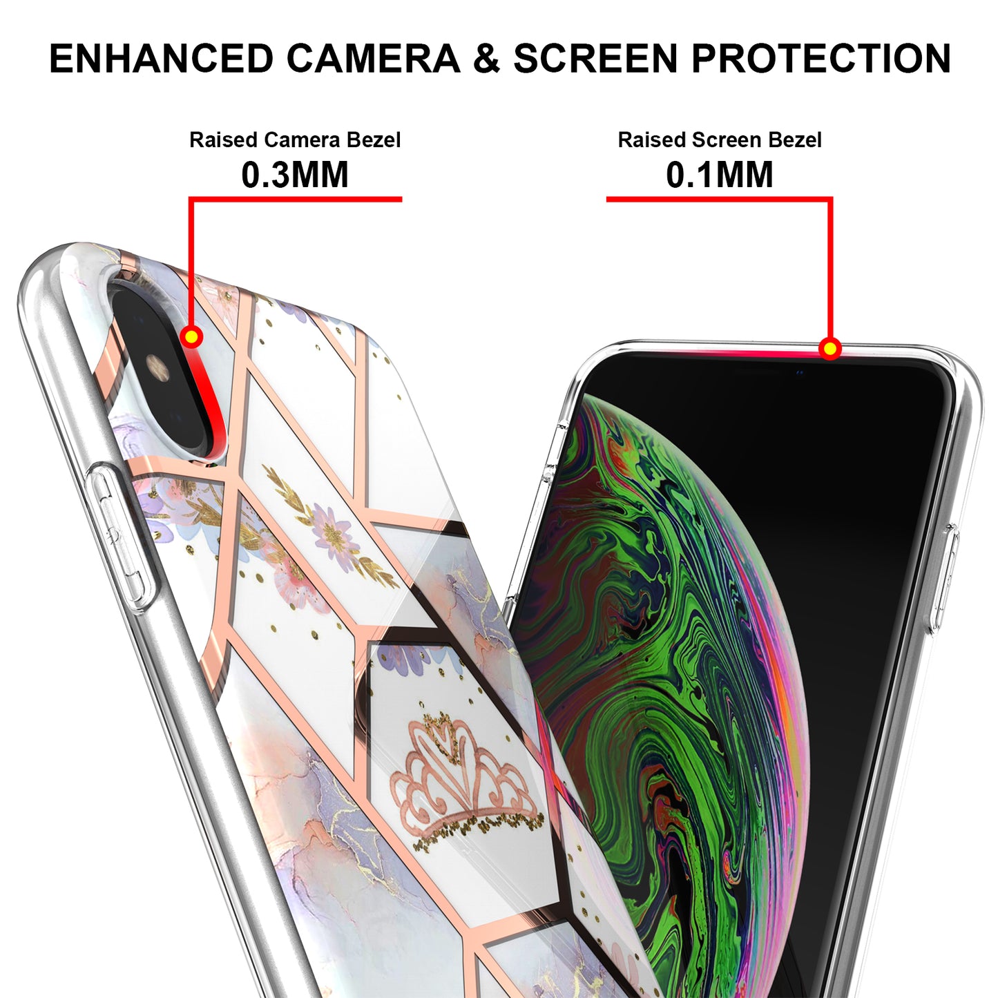 2.0mm IMD IML Electroplating Marble Flower Pattern TPU Shell for iPhone XS Max 6.5 inch