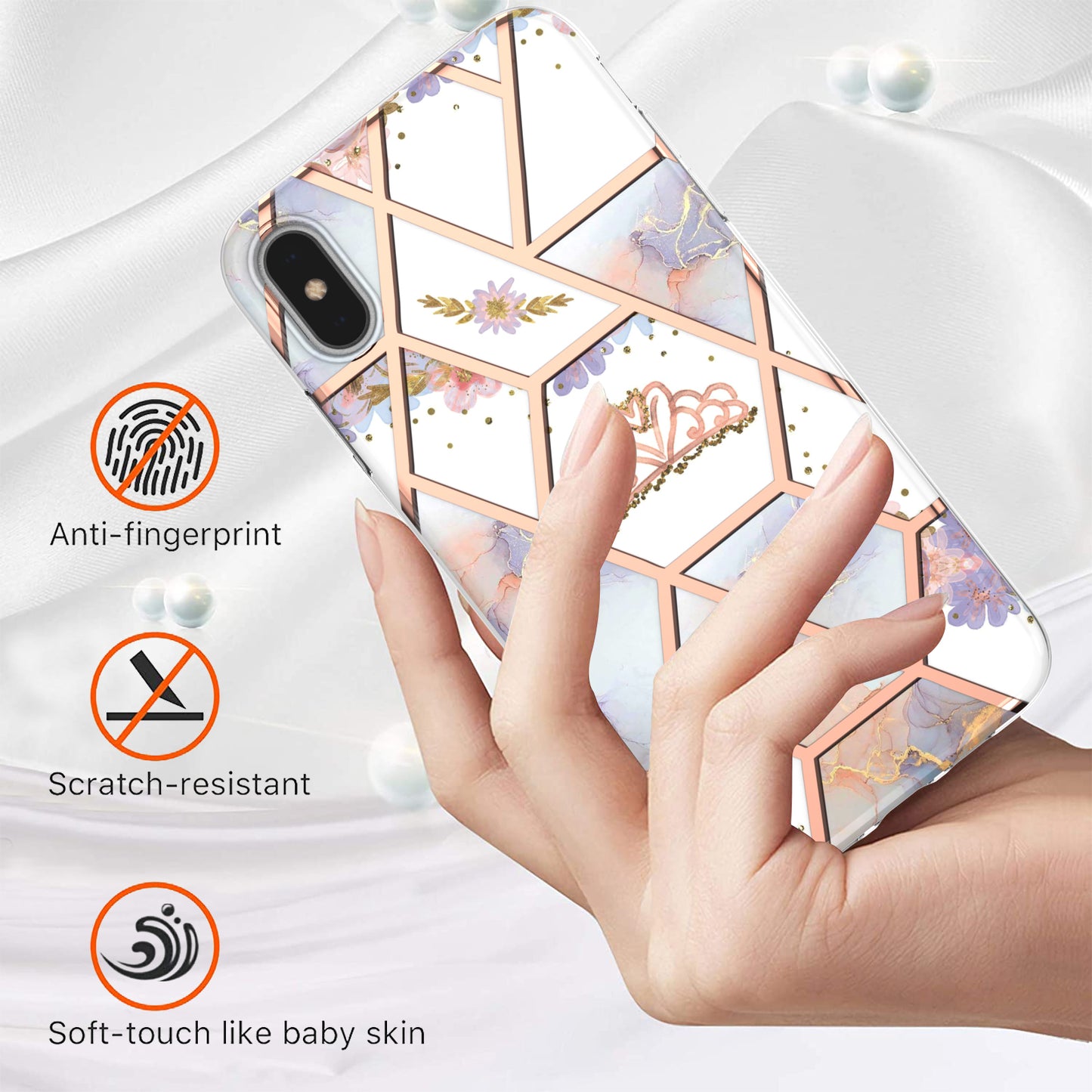 2.0mm IMD IML Electroplating Marble Flower Pattern TPU Shell for iPhone XS Max 6.5 inch