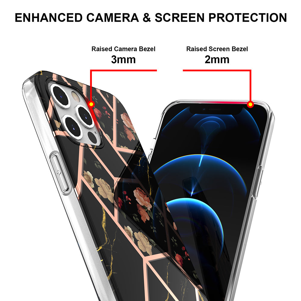 2.0mm IMD IML Electroplating Marble TPU Case with Flower Pattern for iPhone 12 / 12 Pro