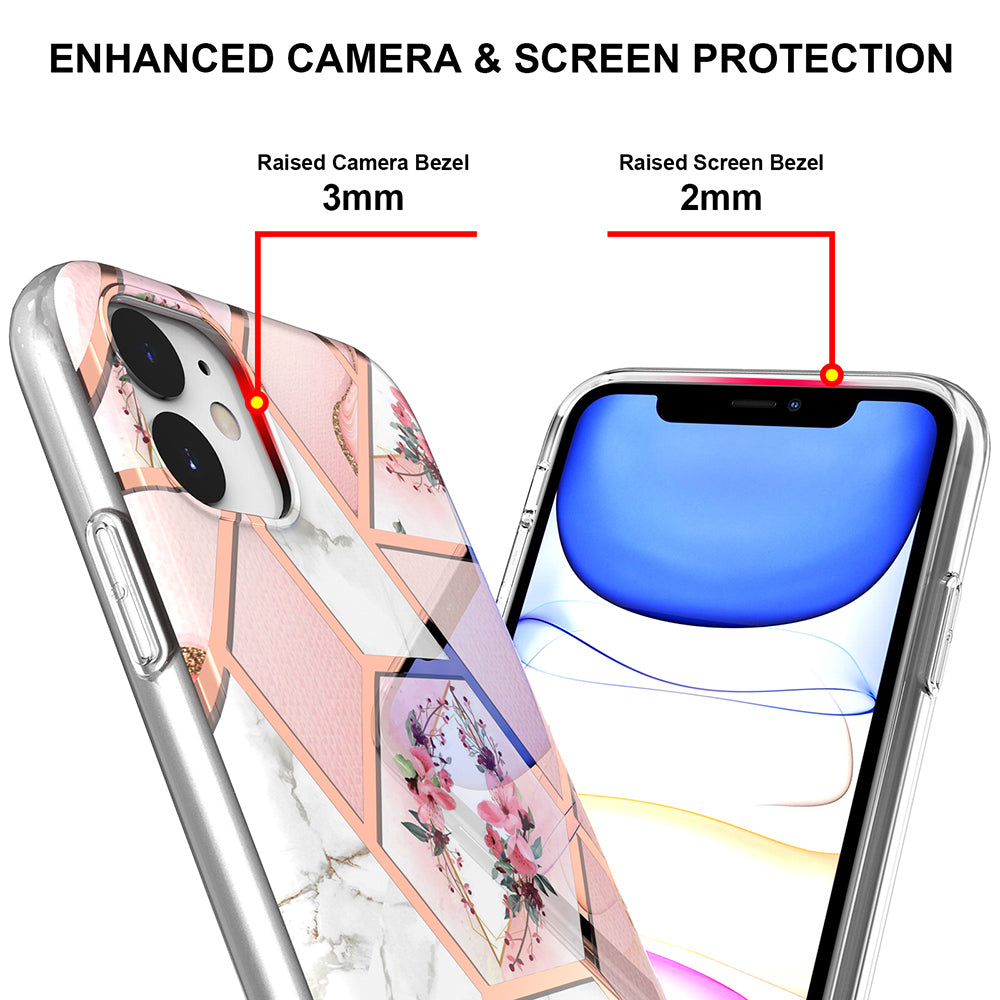 2.0mm IMD IML Drop-resistant Electroplating Marble Flower Pattern TPU Phone Case for iPhone 11 6.1 inch
