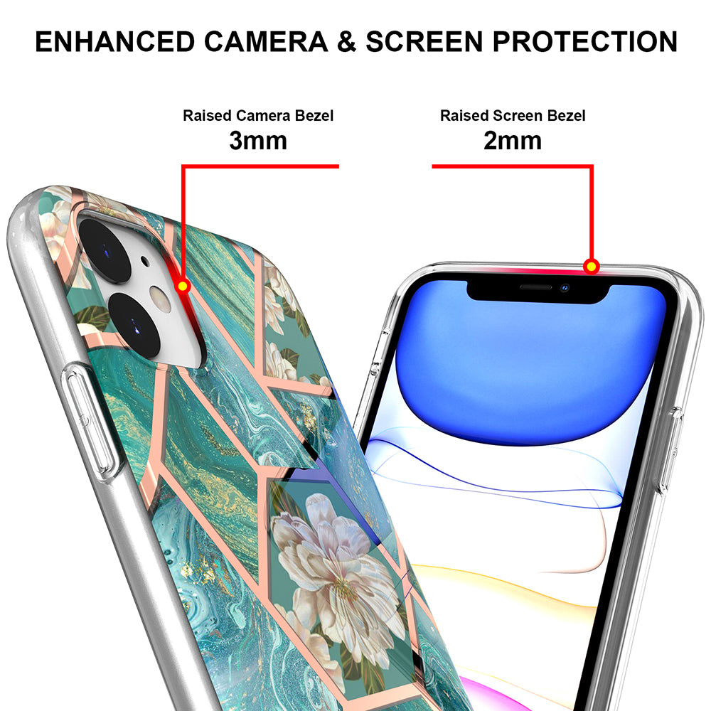 2.0mm IMD IML Drop-resistant Electroplating Marble Flower Pattern TPU Phone Case for iPhone 11 6.1 inch