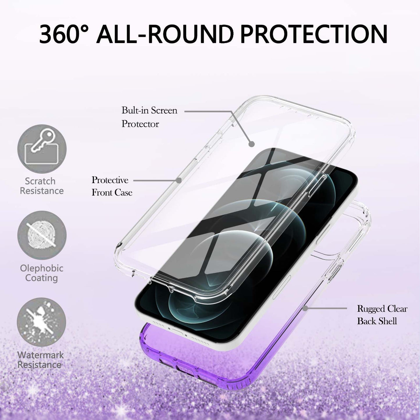 LA1 Series Gradient Color Full Protection 3-in-1 Shockproof Hard PC Frame + Soft TPU Back Protective Phone Case Built-in PET Screen Protector for Apple iPhone 12/12 Pro 6.1 inch