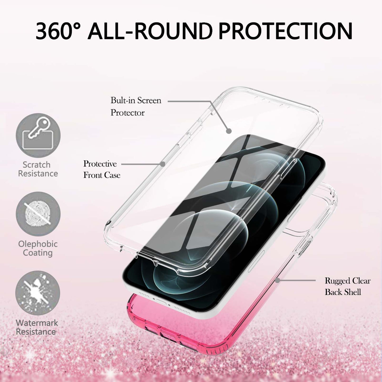 LA1 Series Gradient Color Full Protection 3-in-1 Shockproof Hard PC Frame + Soft TPU Back Protective Phone Case Built-in PET Screen Protector for Apple iPhone 12/12 Pro 6.1 inch