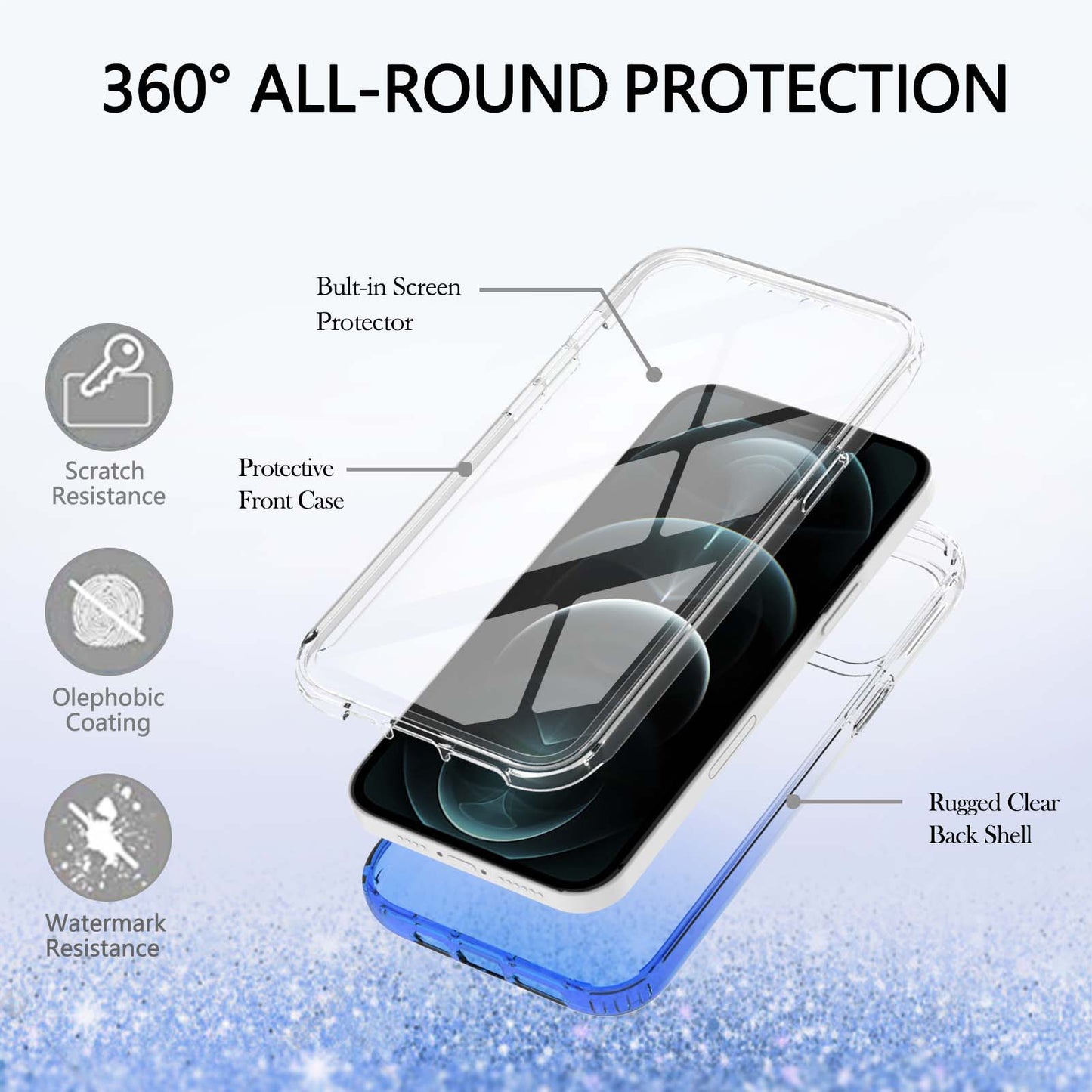 LA1 Series Gradient Color Full Protection 3-in-1 Shockproof Hard PC Frame + Soft TPU Back Protective Phone Case Built-in PET Screen Protector for Apple iPhone 12/12 Pro 6.1 inch