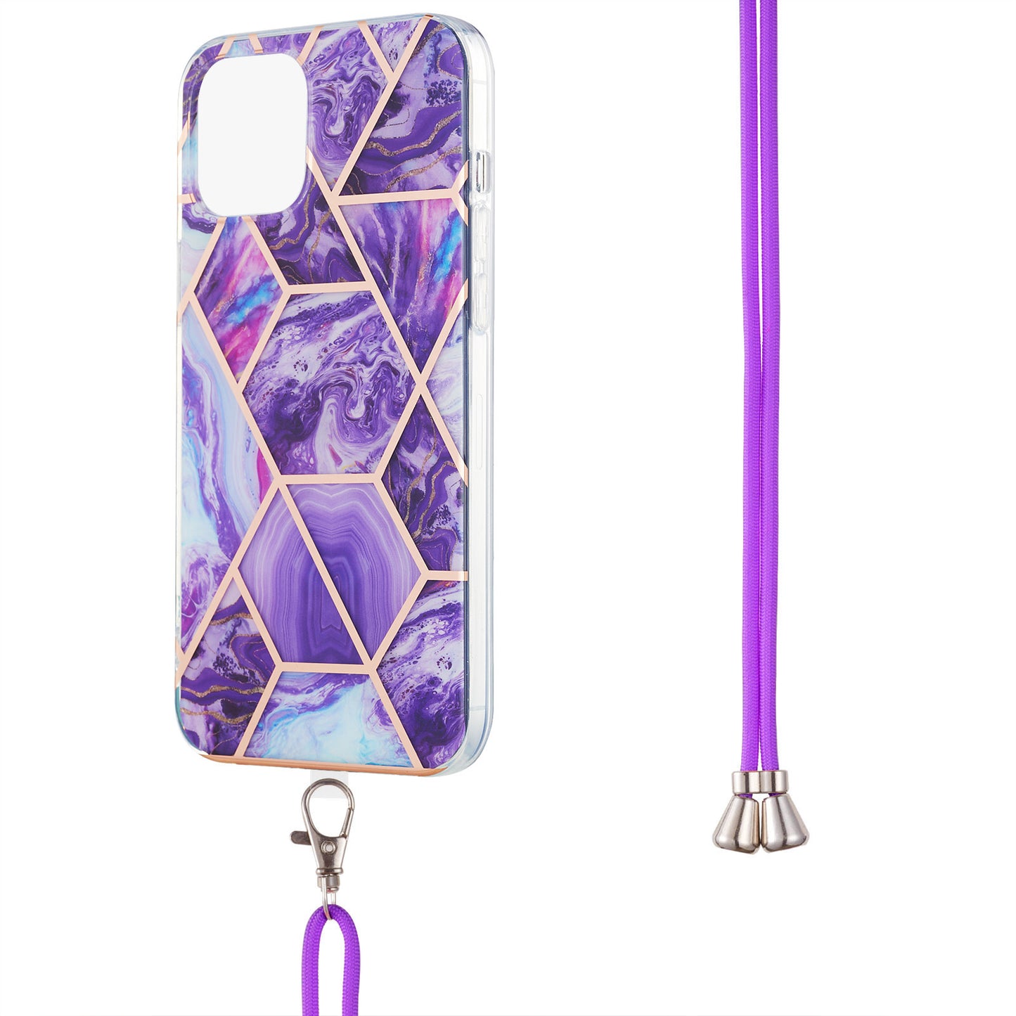 2.0mm Slim Marble Splicing Pattern Double-sided IMD Electroplating Flexible TPU Case with Lanyard for iPhone 13 6.1 inch
