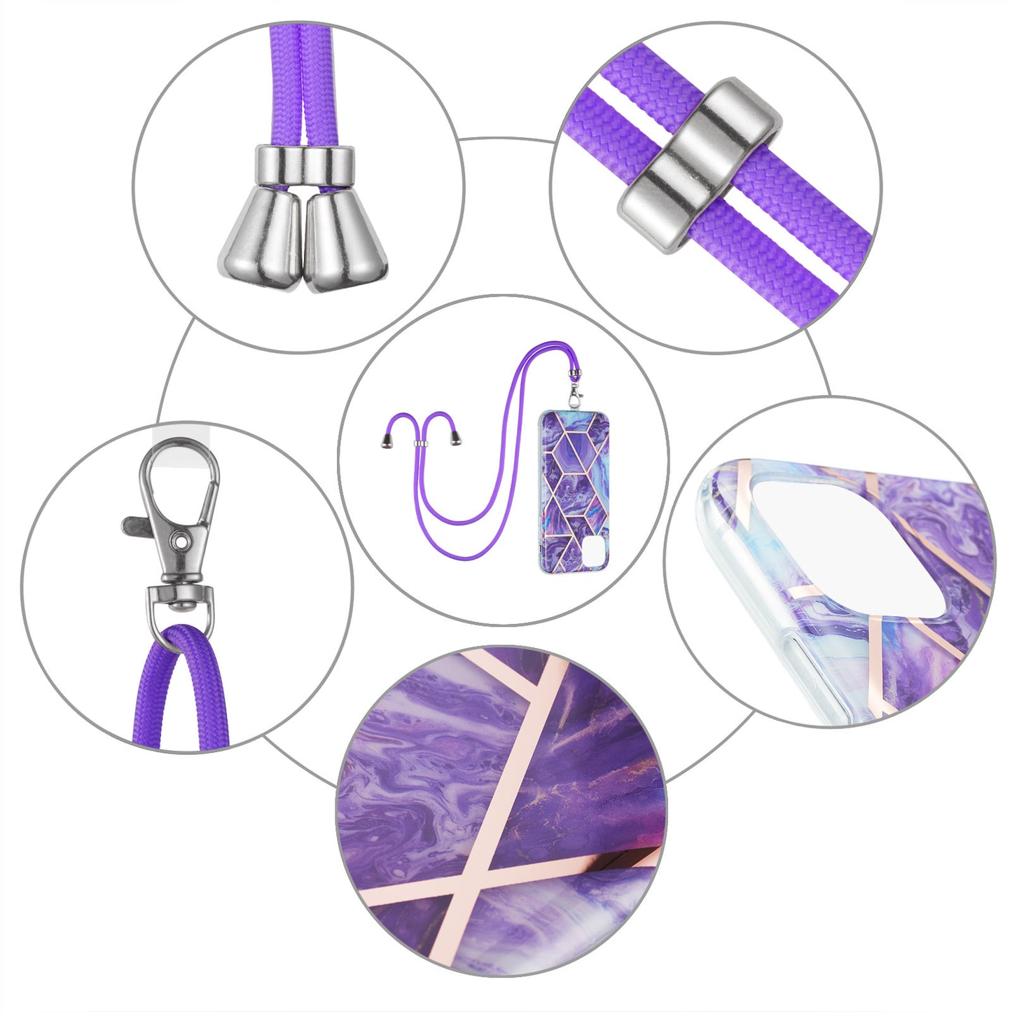 2.0mm Slim Marble Splicing Pattern Double-sided IMD Electroplating Flexible TPU Case with Lanyard for iPhone 13 6.1 inch