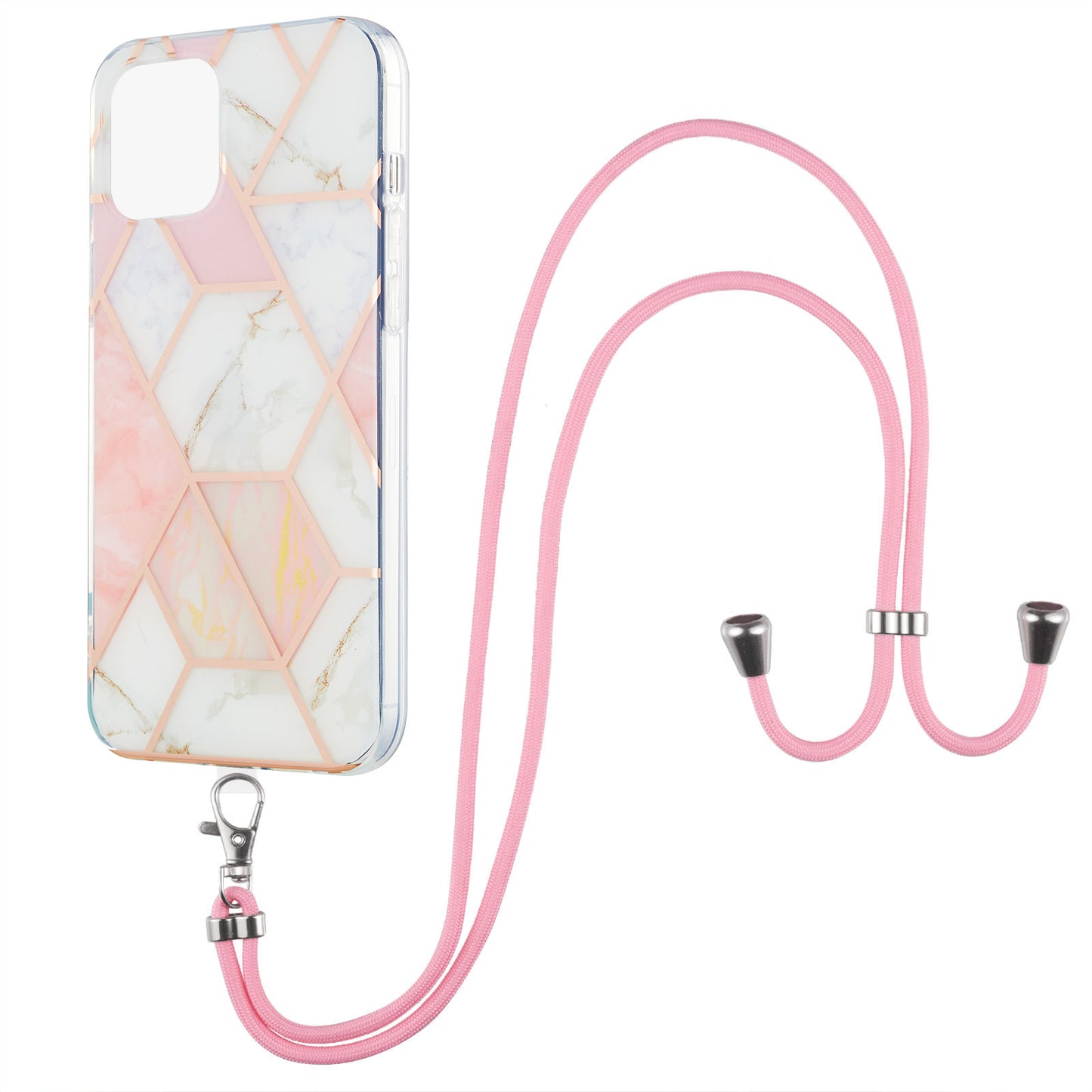 2.0mm Slim Marble Splicing Pattern Double-sided IMD Electroplating Flexible TPU Case with Lanyard for iPhone 13 6.1 inch
