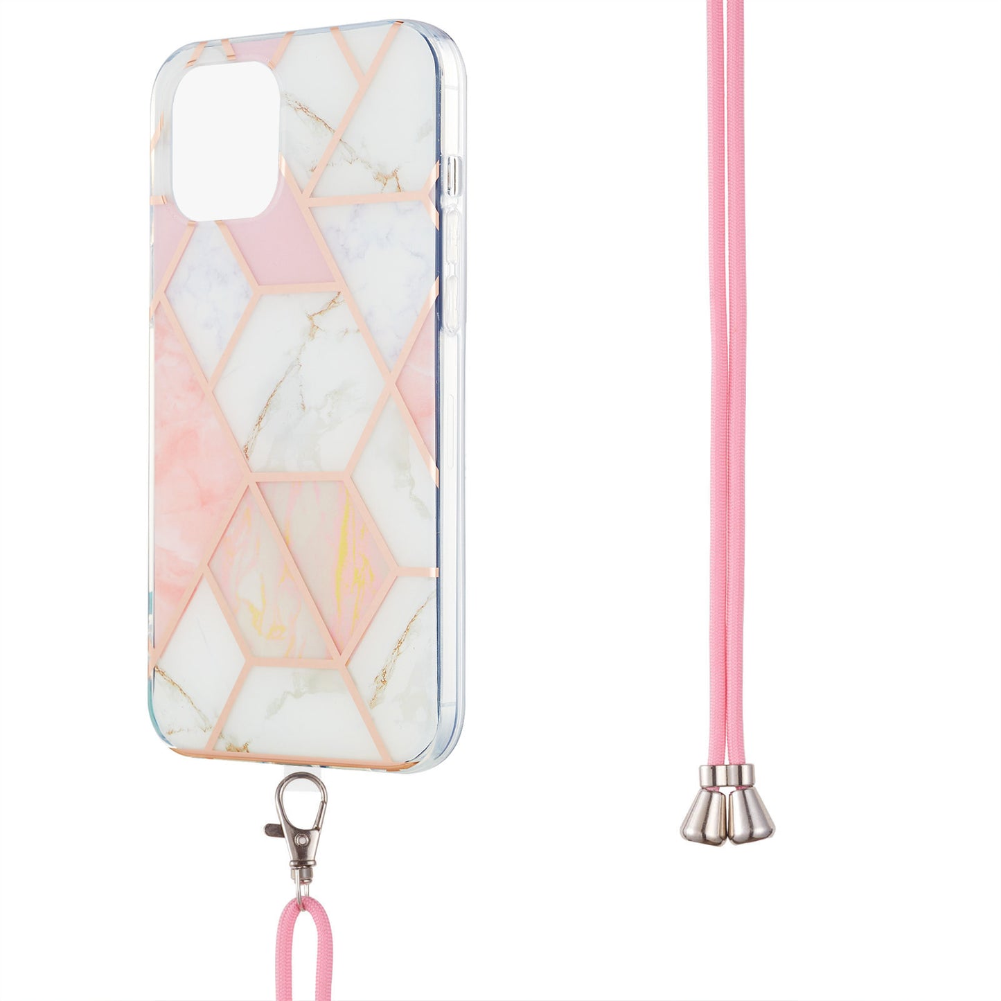 2.0mm Slim Marble Splicing Pattern Double-sided IMD Electroplating Flexible TPU Case with Lanyard for iPhone 13 6.1 inch