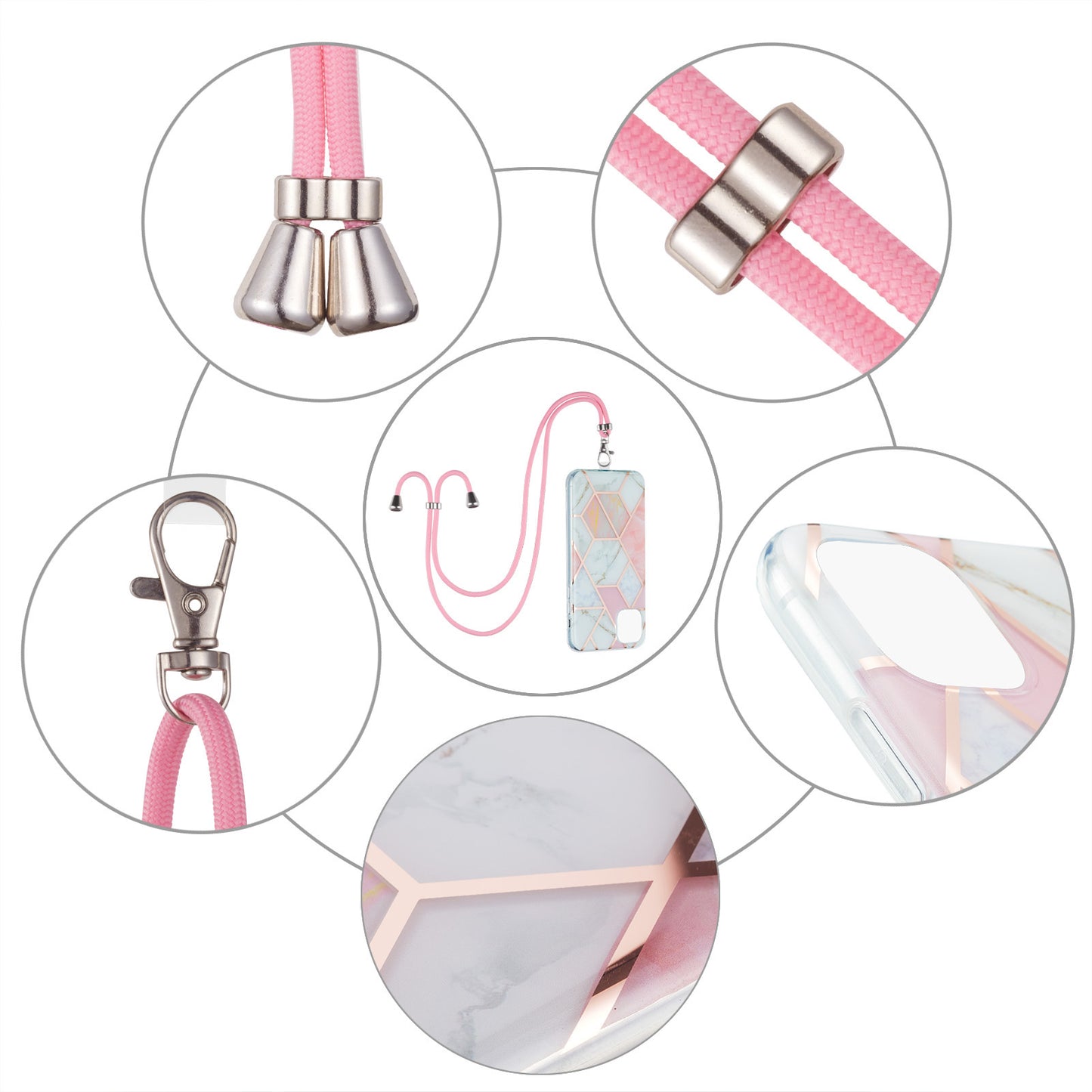2.0mm Slim Marble Splicing Pattern Double-sided IMD Electroplating Flexible TPU Case with Lanyard for iPhone 13 6.1 inch