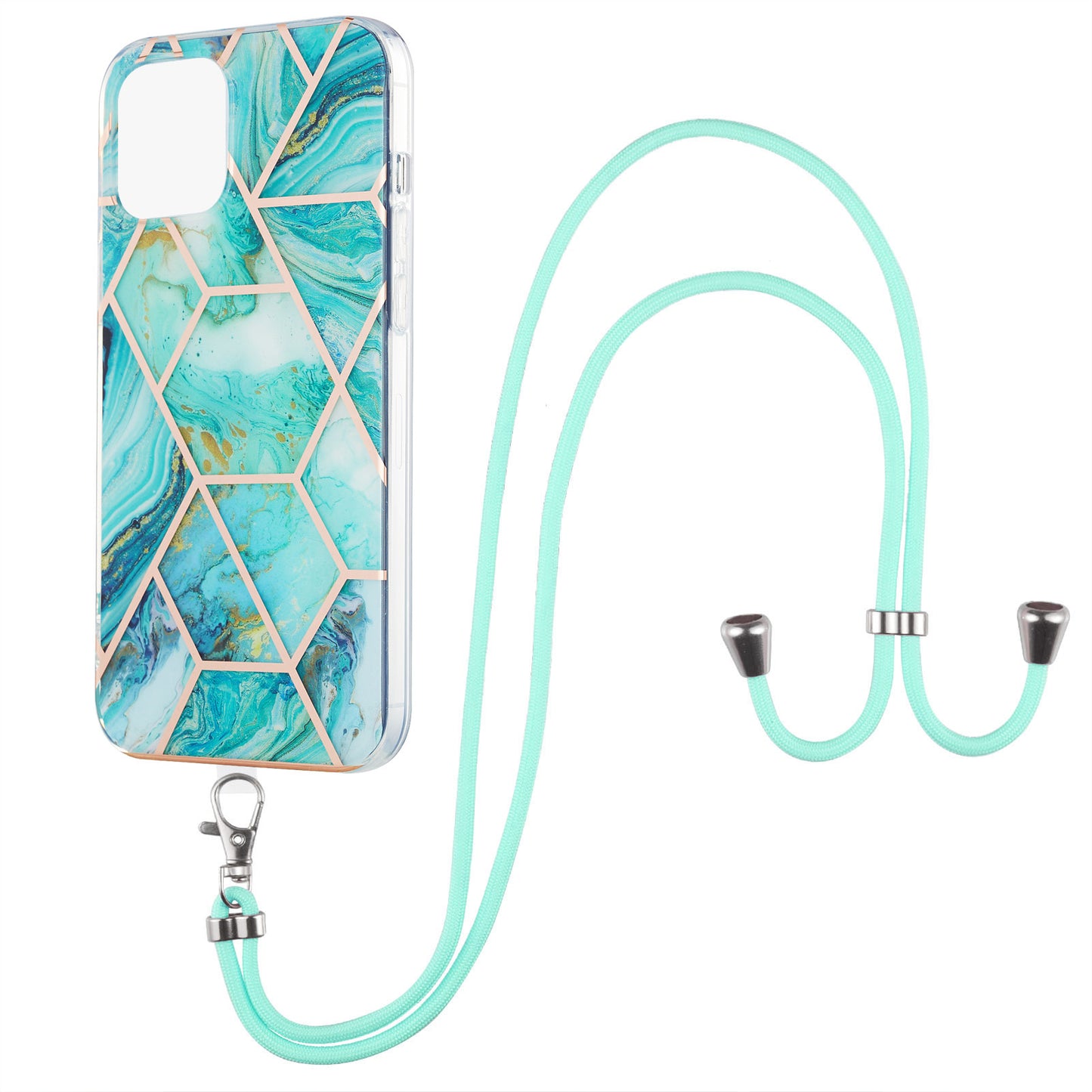 2.0mm Slim Marble Splicing Pattern Double-sided IMD Electroplating Flexible TPU Case with Lanyard for iPhone 13 6.1 inch